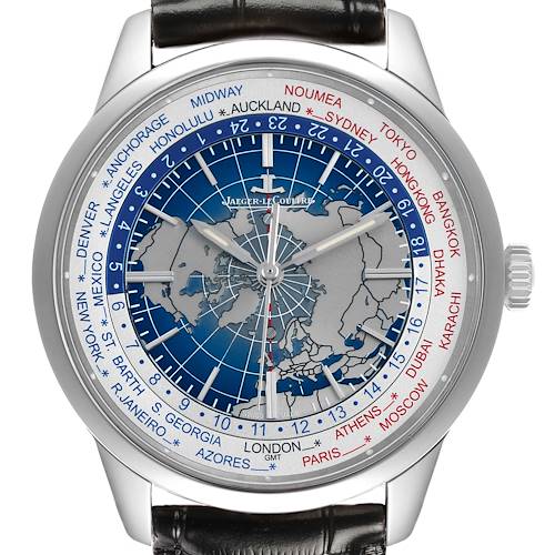 The Jaeger LeCoultre Geophysic 503.8.T2.S Q8108420 Men's Stainless Steel Blue Dial watch is shown from the front, displaying its detailed world time dial and leather strap.