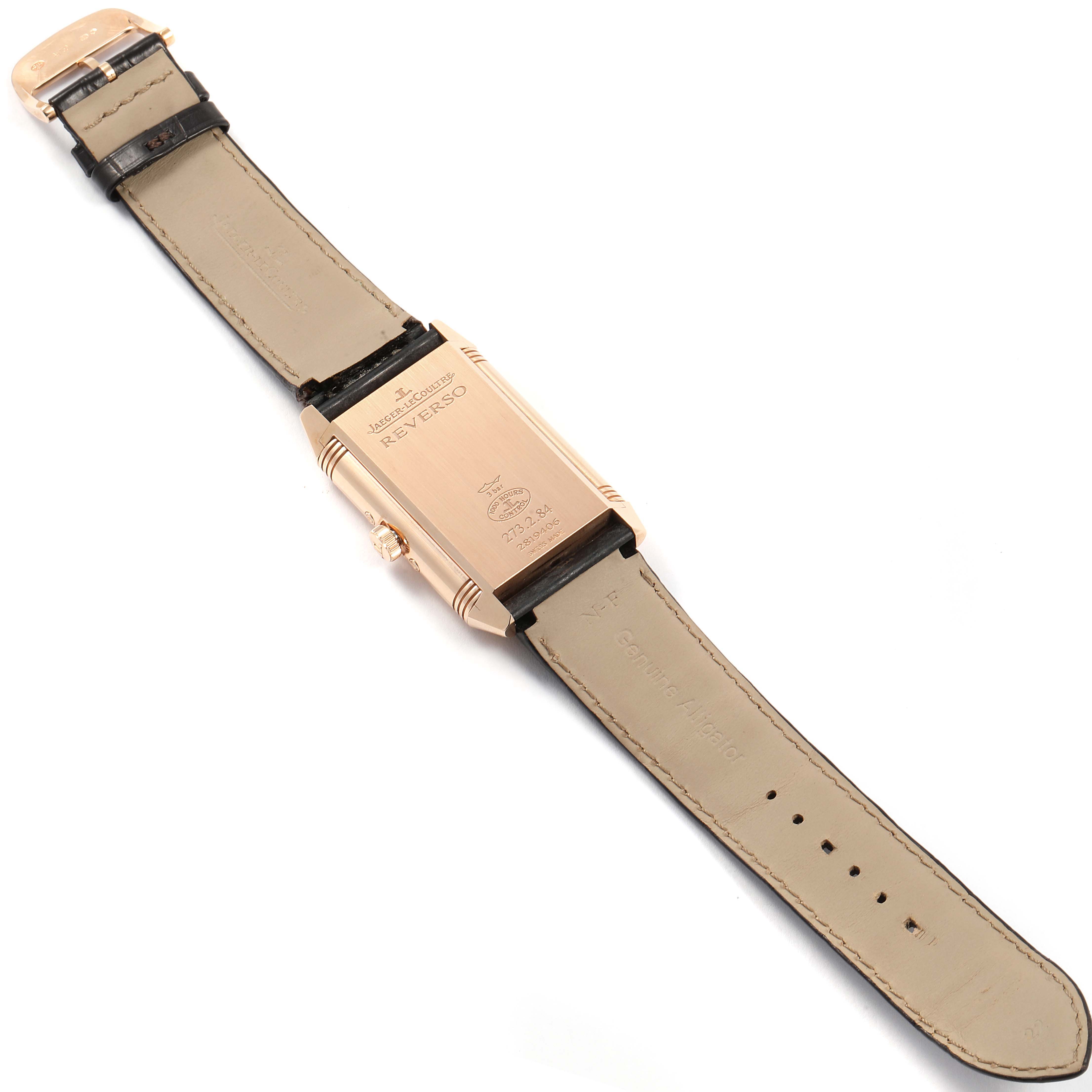 The image shows the back of a Jaeger LeCoultre Reverso Q3752520 Men's Rose Gold Silver Dial Q3752520 Men's Rose Gold Silver Dial watch, including the case back, strap, and buckle, from a flat angle.