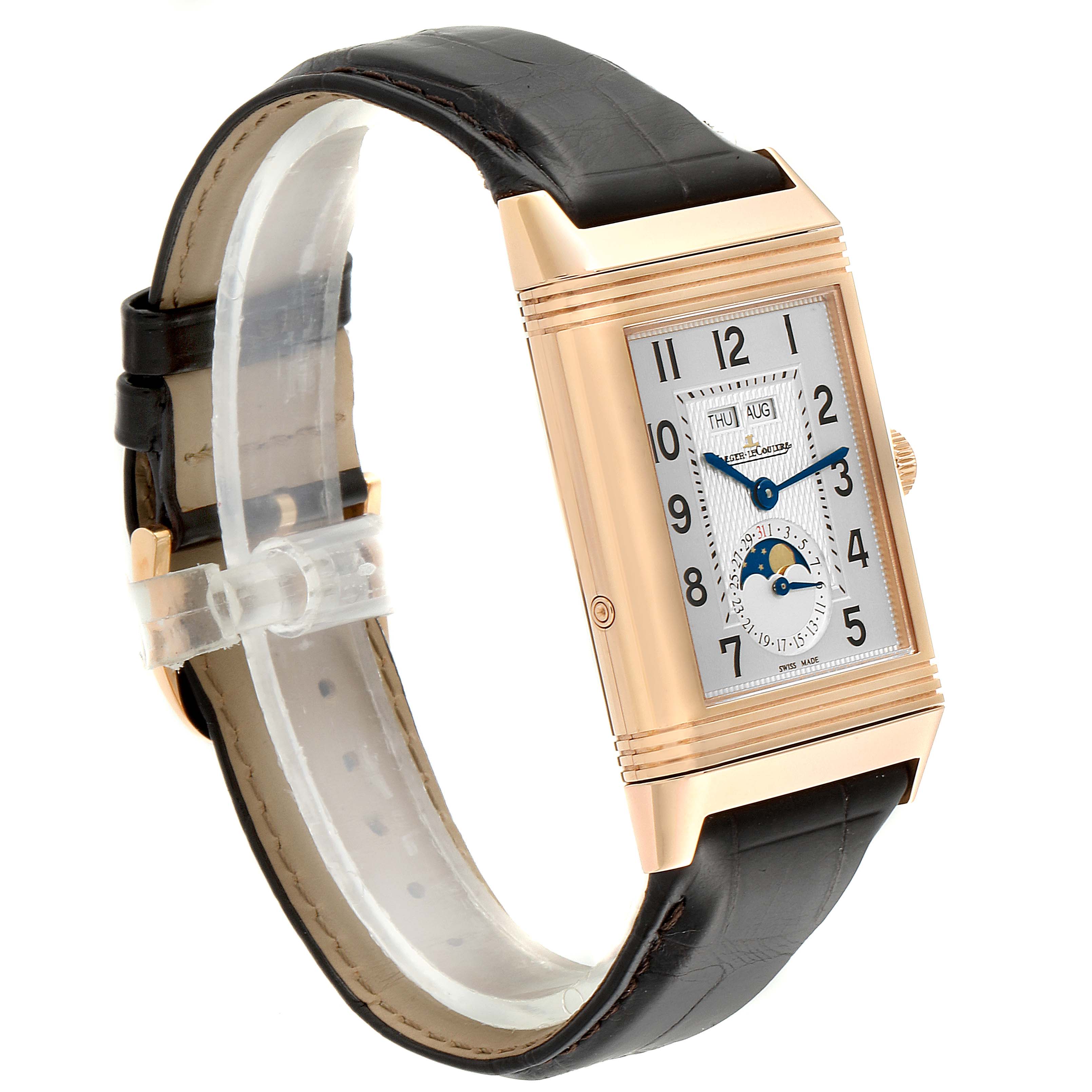 The image shows a Jaeger LeCoultre Reverso Q3752520 Men's Rose Gold Silver Dial Q3752520 Men's Rose Gold Silver Dial watch at an angled view, highlighting its rectangular face, leather strap, and detailed dial.