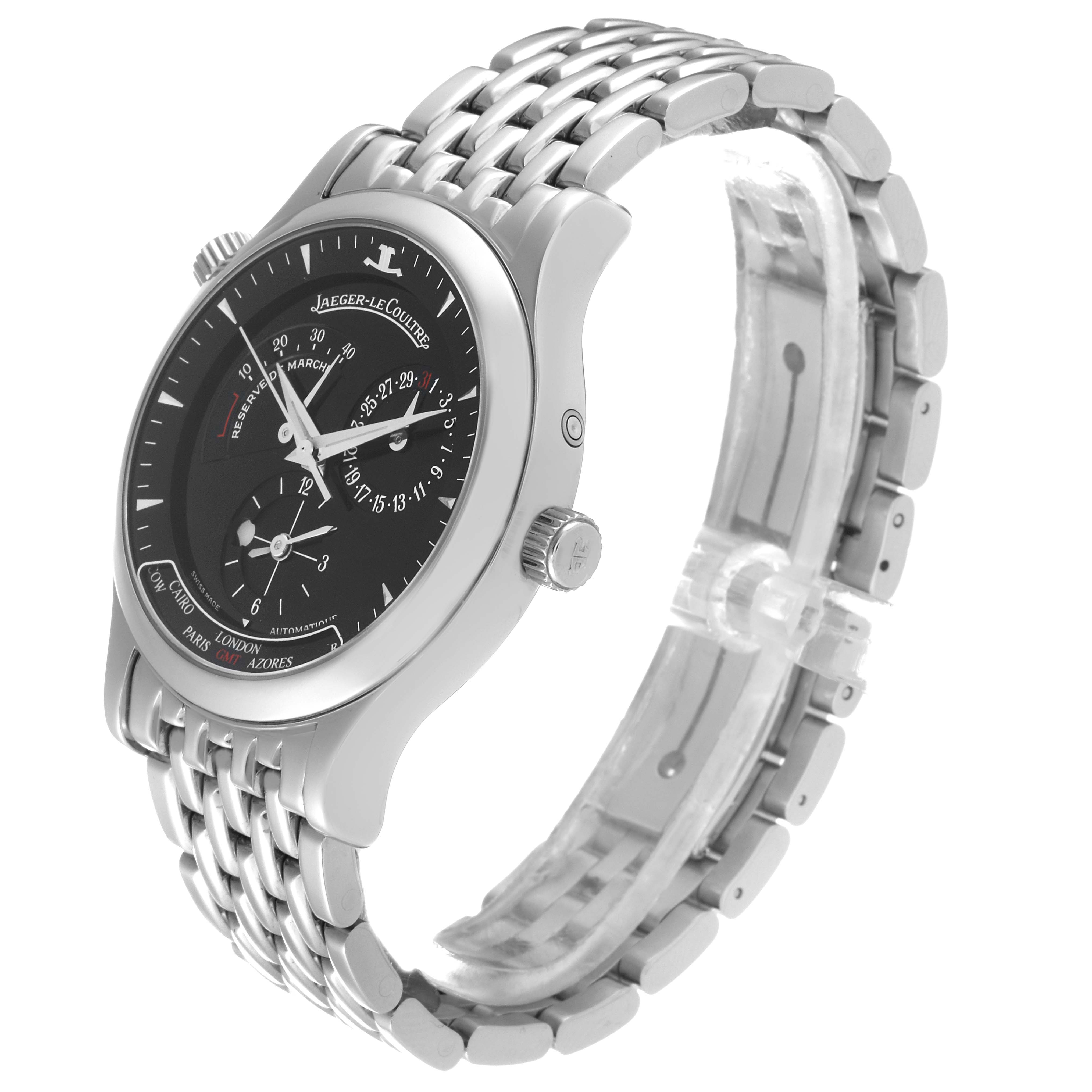 The image shows a side view of the Jaeger LeCoultre Master Q1428170 Men's Stainless Steel Black Dial Q1428170 Men's Stainless Steel Black Dial watch, highlighting the bracelet, crown, and dial.