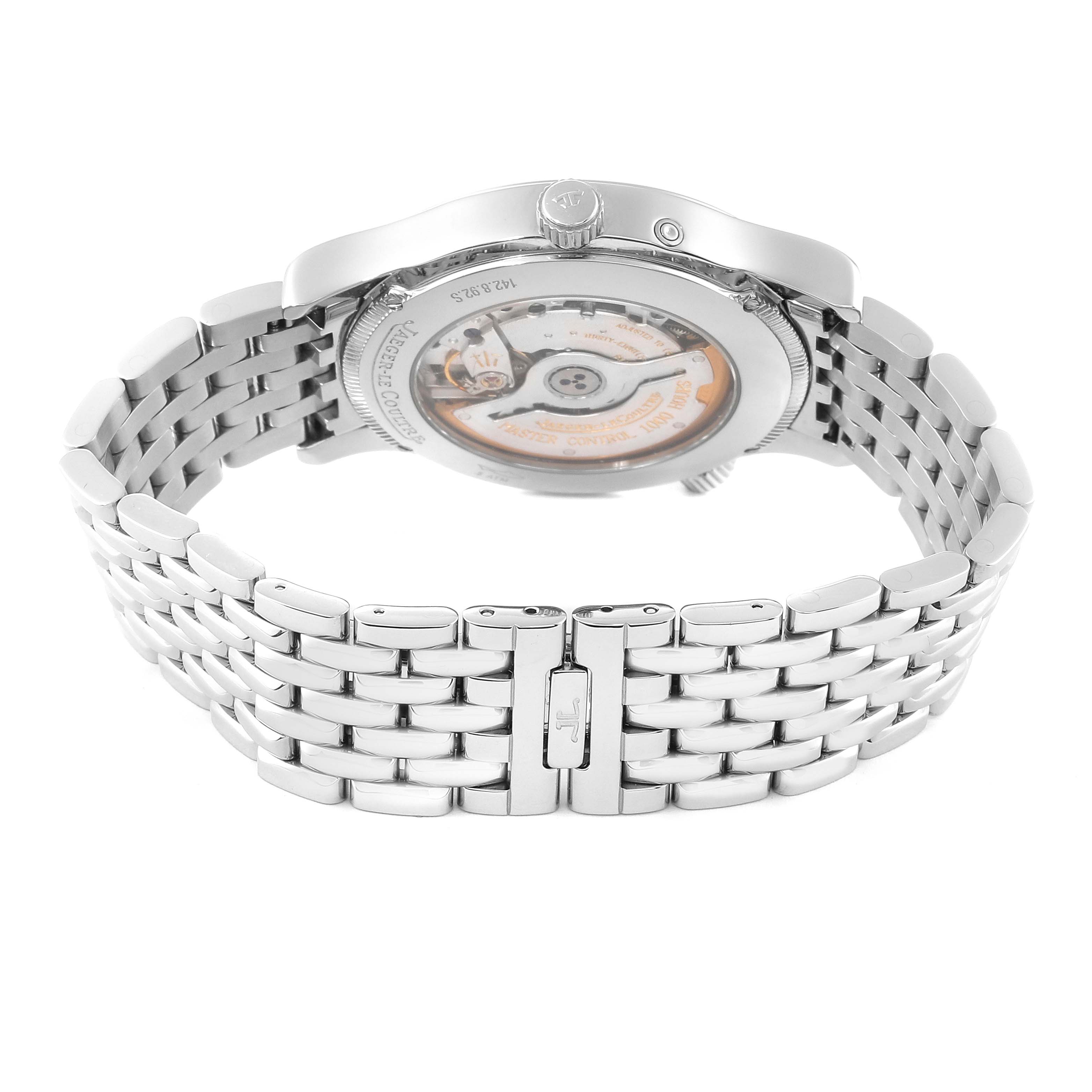 This image shows the back angle of a Jaeger-LeCoultre Master model watch, focusing on the case back and metal bracelet.