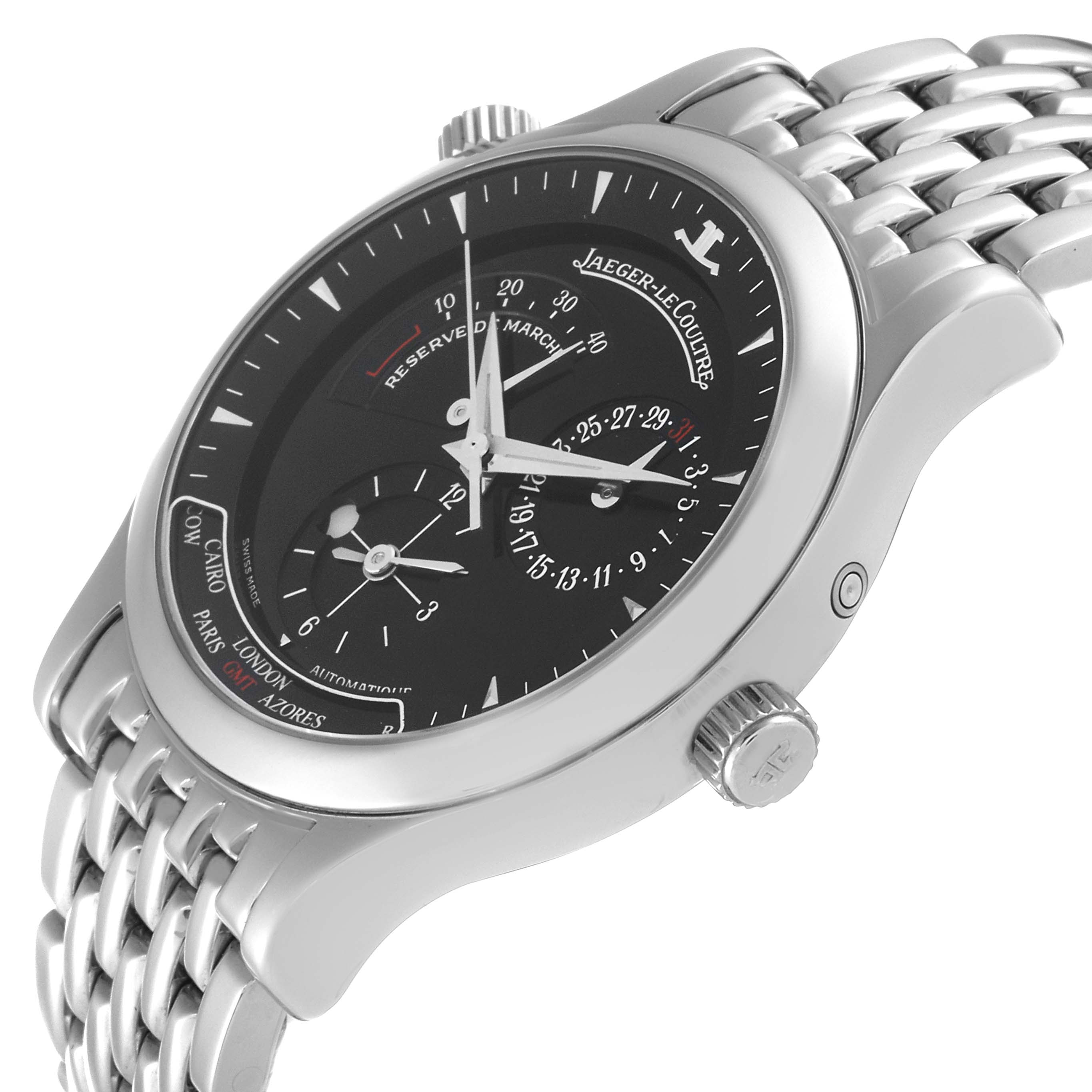 The Jaeger-LeCoultre Master model watch is shown at an angled view highlighting the dial, time markers, and part of the metal bracelet.