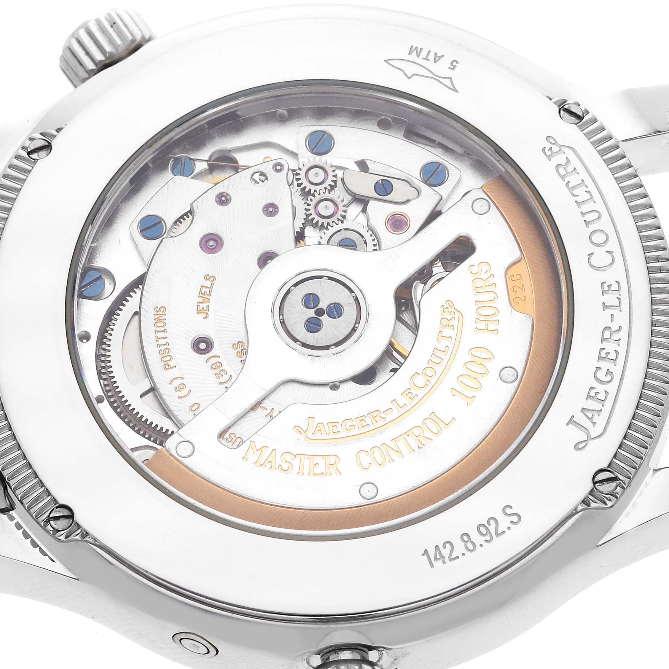The image shows the Jaeger-LeCoultre Master model watch from the back, revealing its intricate internal mechanism.