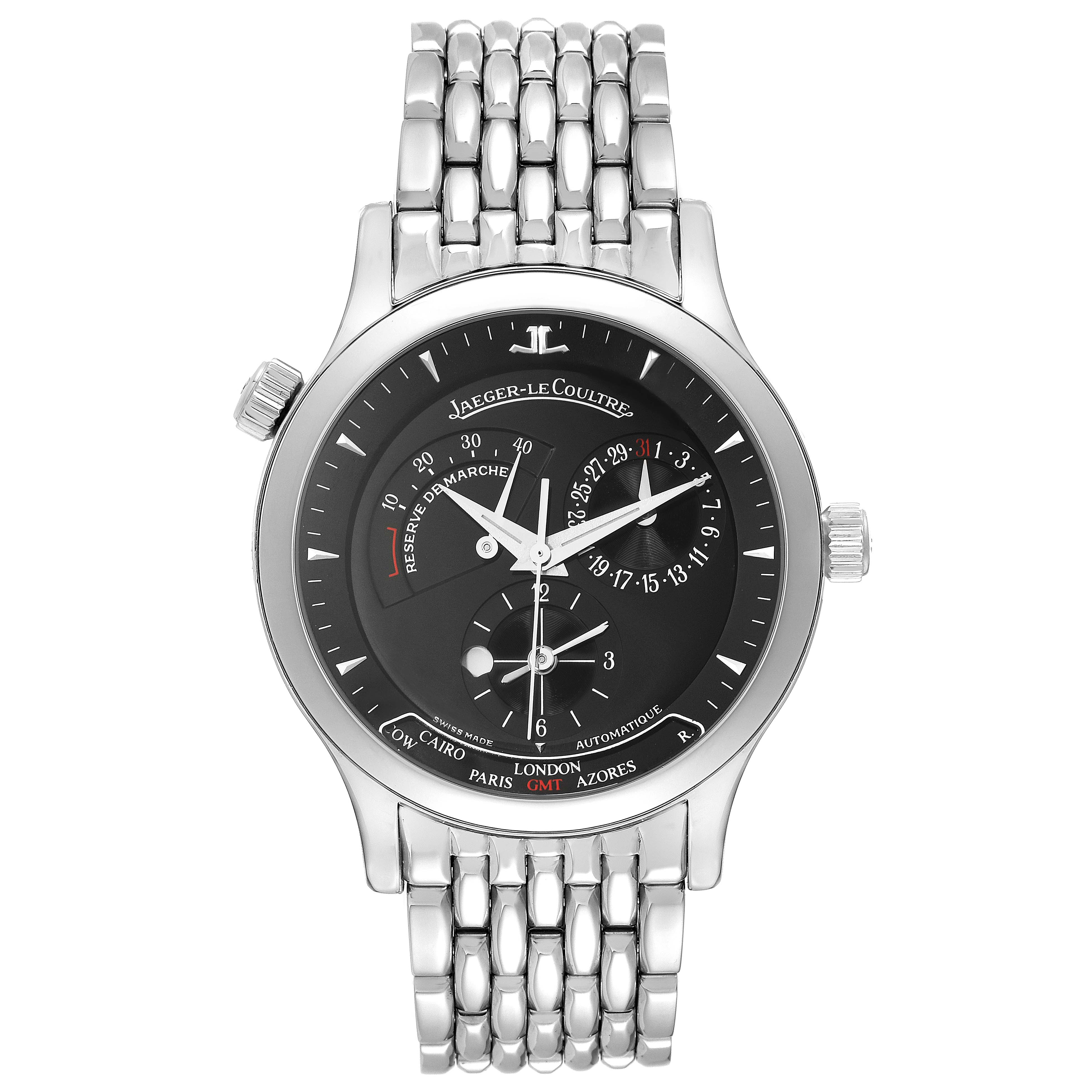 The image shows a front view of the Jaeger-LeCoultre Master model watch, displaying its dial, hands, and metal bracelet.