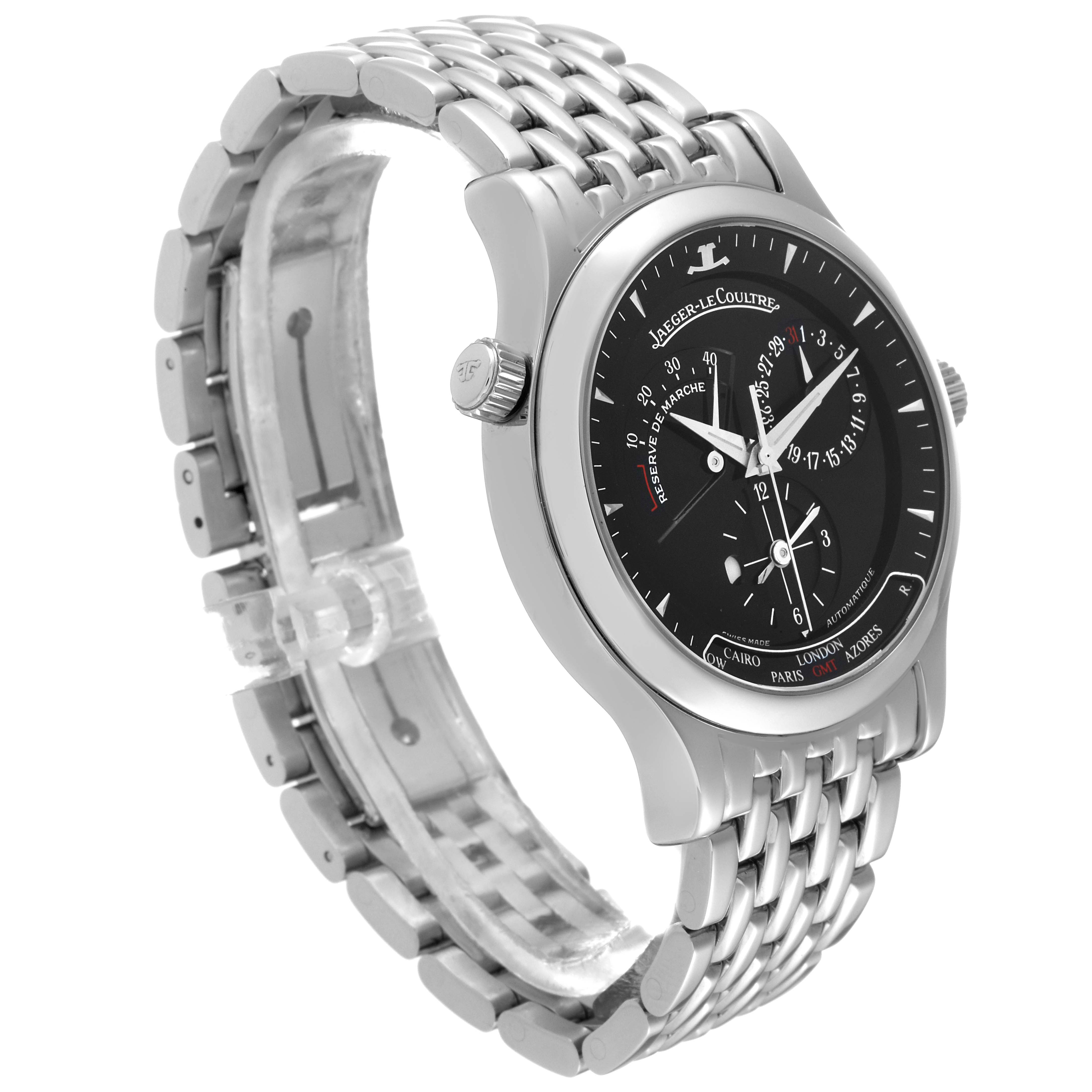 The image shows a Jaeger LeCoultre Master Q1428170 Men's Stainless Steel Black Dial Q1428170 Men's Stainless Steel Black Dial model watch from a three-quarter angle, highlighting its face, case, and metal bracelet.