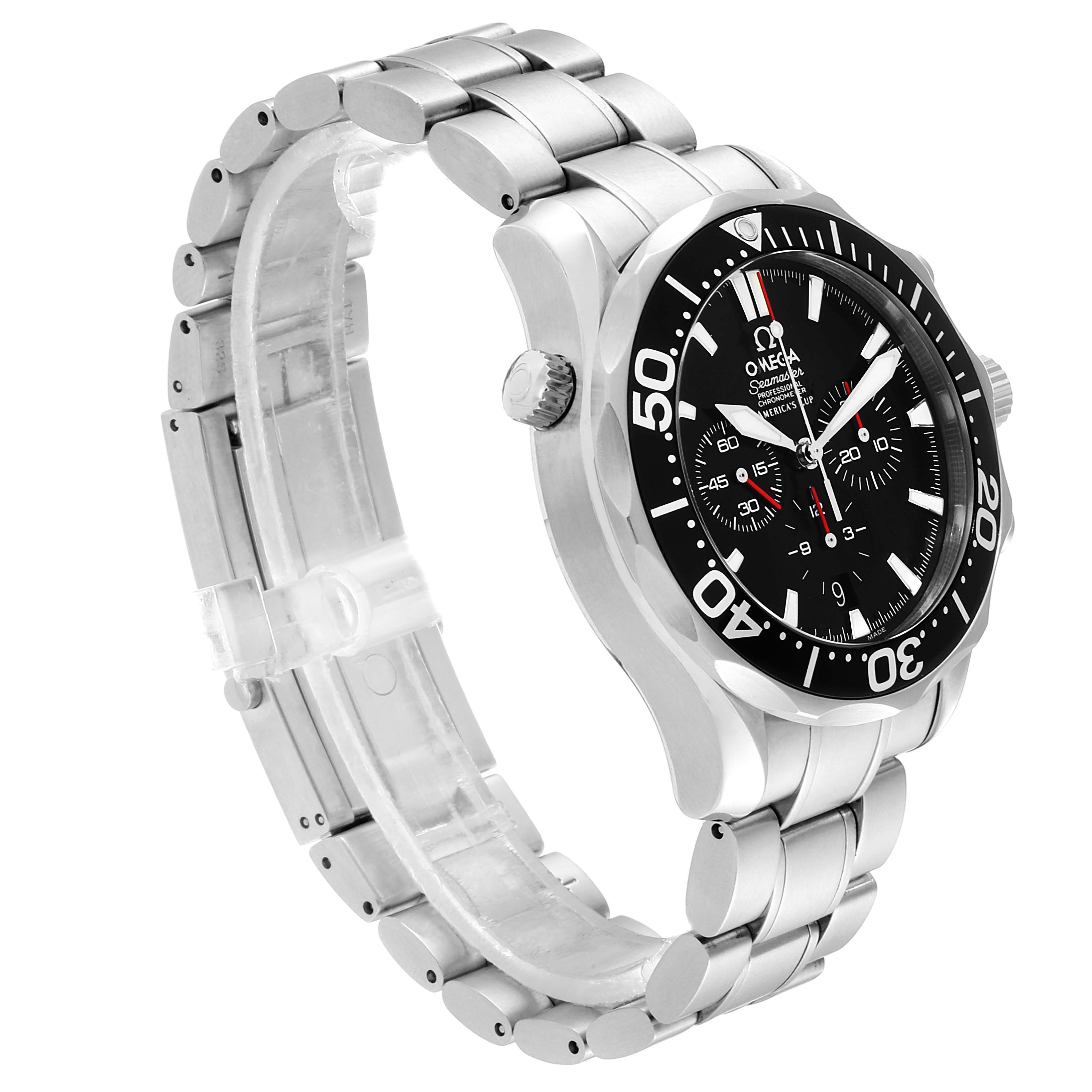 The image shows a side and partial front angle of the Omega Seamaster 2594.50.00 Men's Stainless Steel Black Dial 2594.50.00 Men's Stainless Steel Black Dial watch, highlighting the bracelet, bezel, and crown.