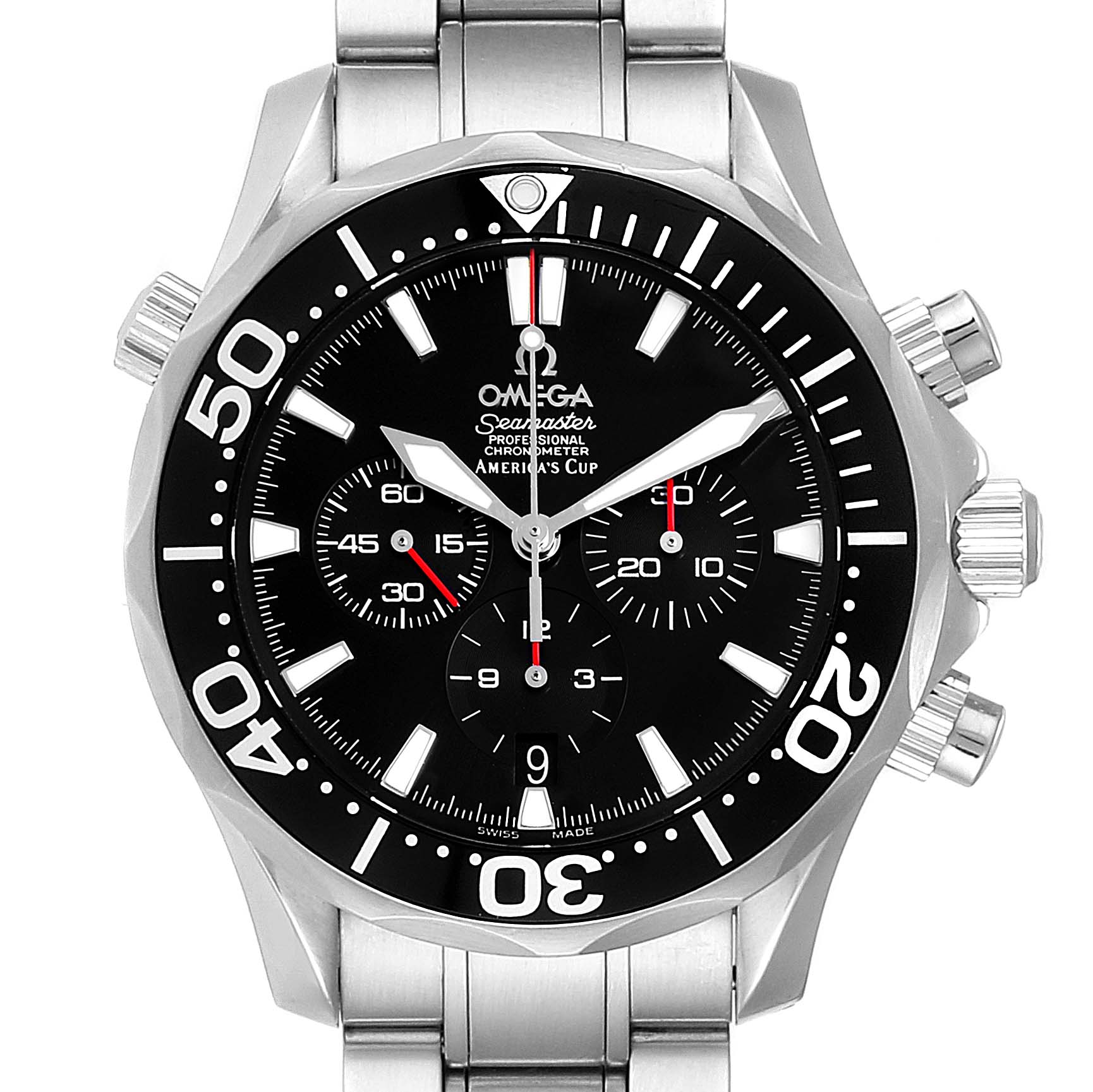 This image shows the front view of an Omega Seamaster 2594.50.00 Men's Stainless Steel Black Dial 2594.50.00 Men's Stainless Steel Black Dial watch, highlighting its face, bezel, and part of its bracelet.