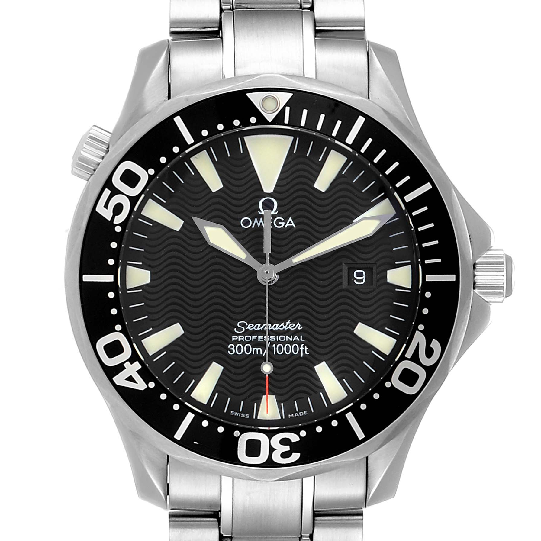This image shows the front view of an Omega Seamaster 2264.50.00 Men
s Stainless Steel Black Dial 2264.50.00 Men
s Stainless Steel Black Dial watch, highlighting the dial, bezel, and part of the bracelet.
