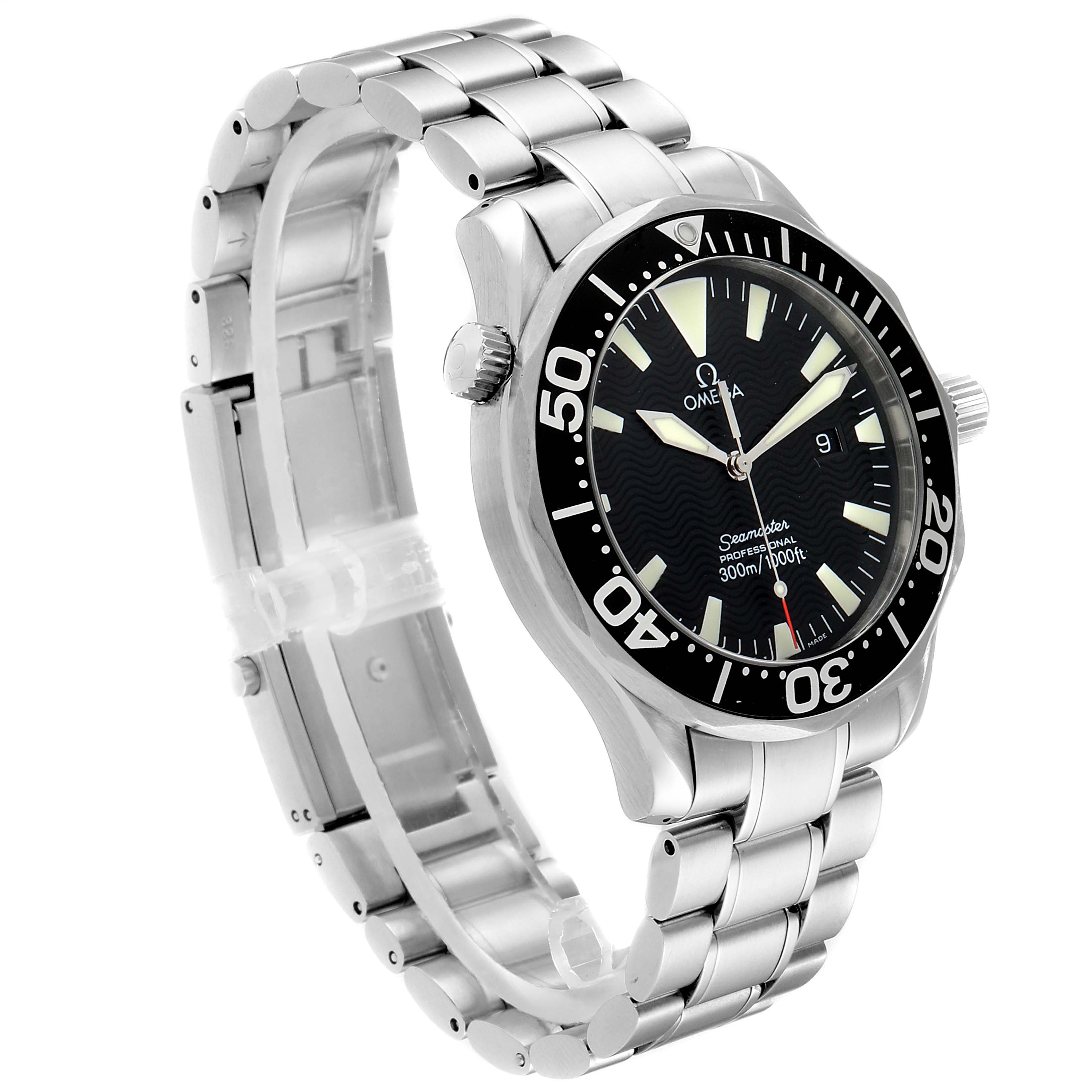 The image shows an Omega Seamaster 2264.50.00 Men
s Stainless Steel Black Dial 2264.50.00 Men
s Stainless Steel Black Dial watch at a three-quarter angle, highlighting the bracelet, bezel, and dial.