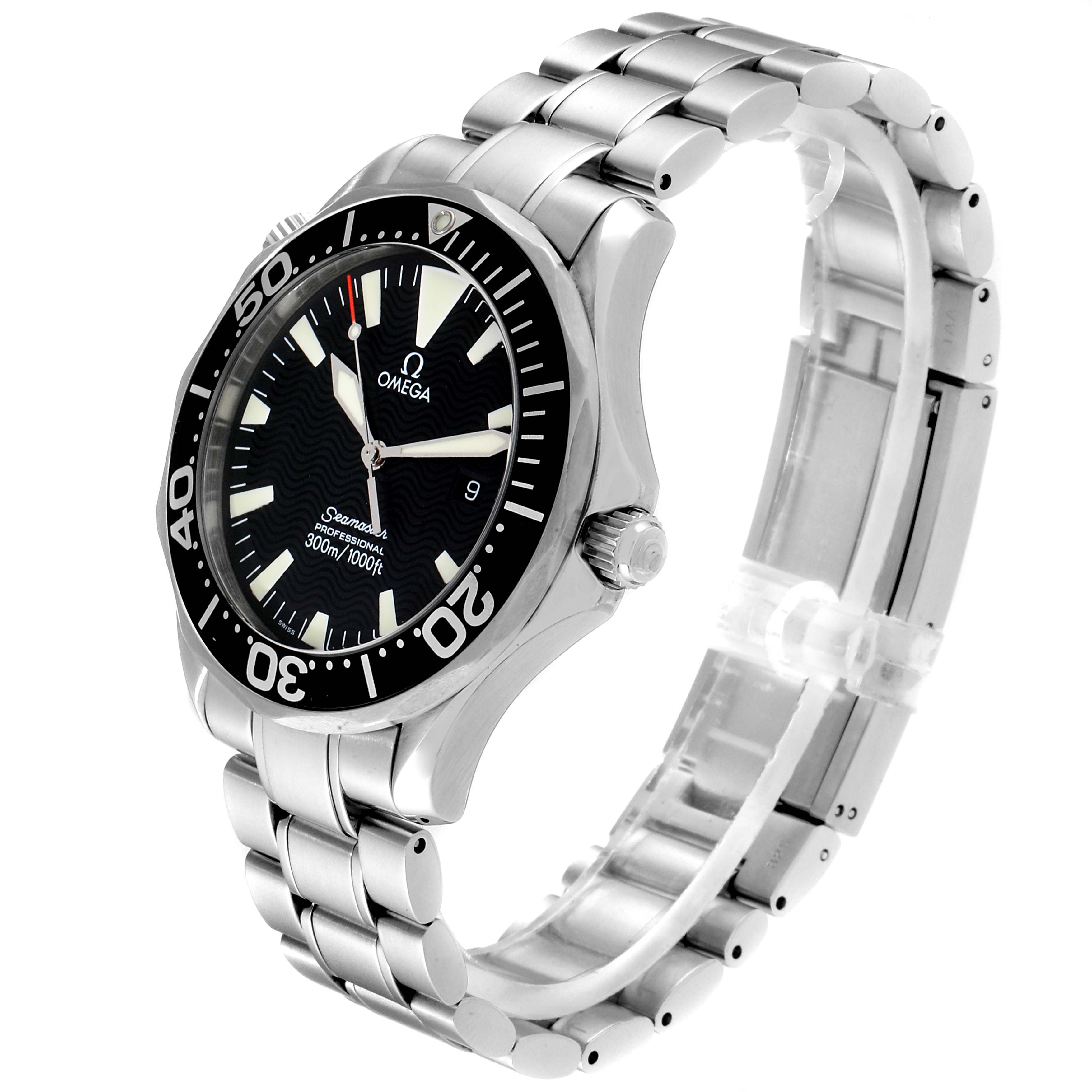 The image shows an angled side view of an Omega Seamaster 2264.50.00 Men
s Stainless Steel Black Dial 2264.50.00 Men
s Stainless Steel Black Dial watch, displaying the face, bezel, crown, and metal bracelet.