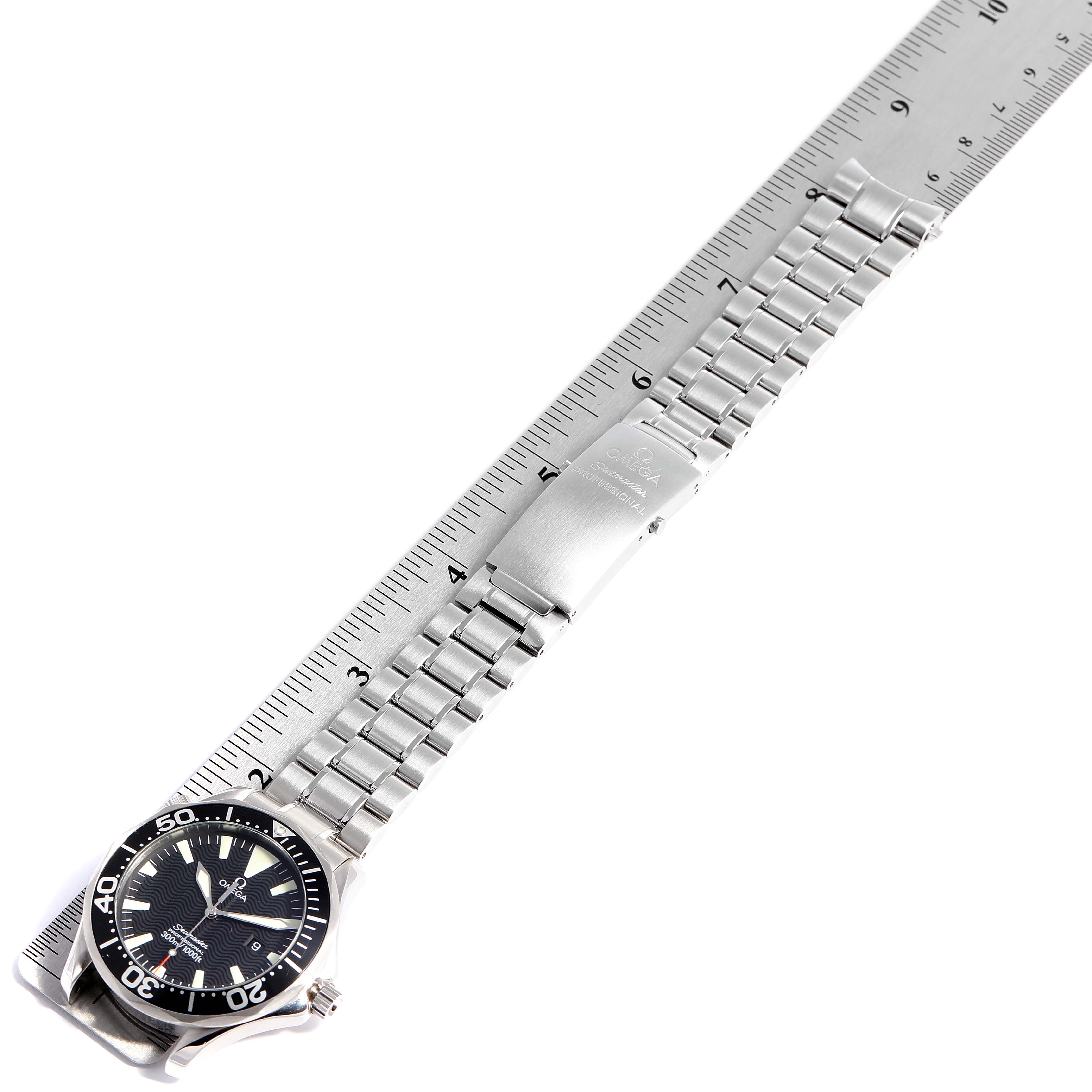 This image shows the Omega Seamaster 2264.50.00 Men
s Stainless Steel Black Dial 2264.50.00 Men
s Stainless Steel Black Dial watch at an angle, highlighting its face, bezel, and stainless steel bracelet with clasp.