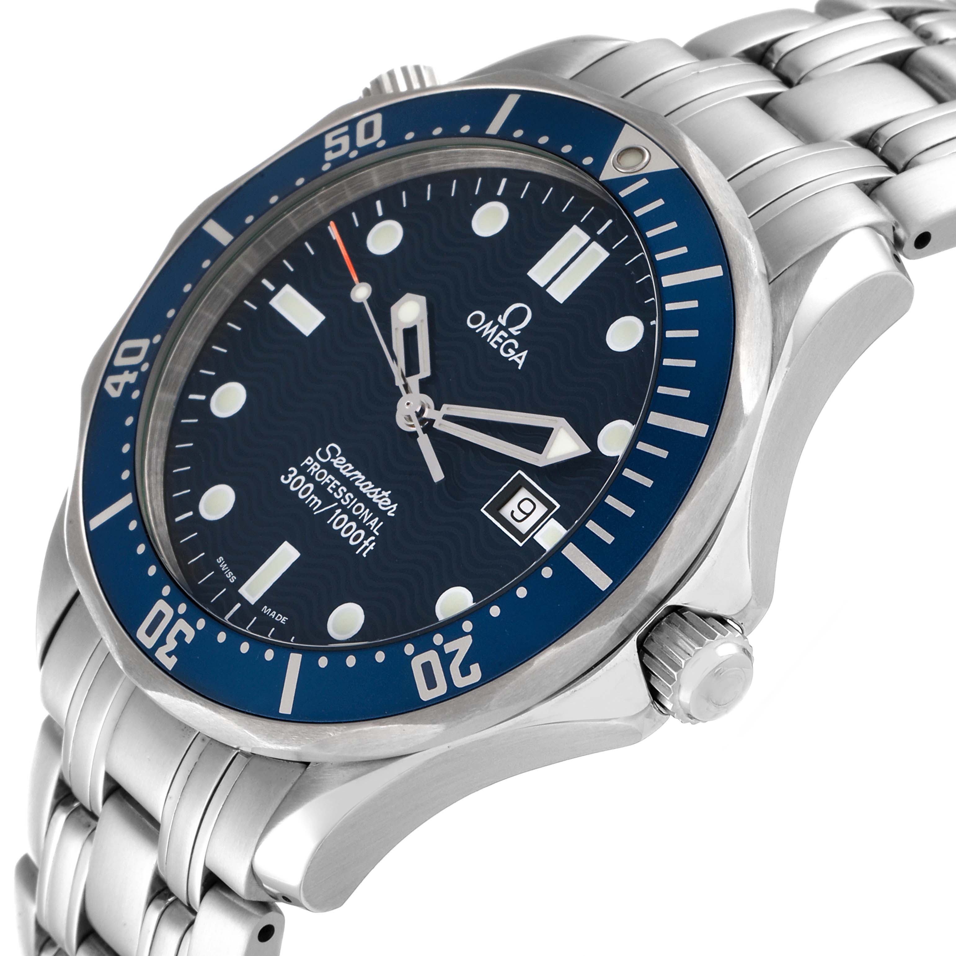 The image shows a close-up angled view of the Omega Seamaster 2541.80.00 Men's Stainless Steel Blue Dial 2541.80.00 Men's Stainless Steel Blue Dial watch, highlighting its face, bezel, crown, and stainless steel bracelet.