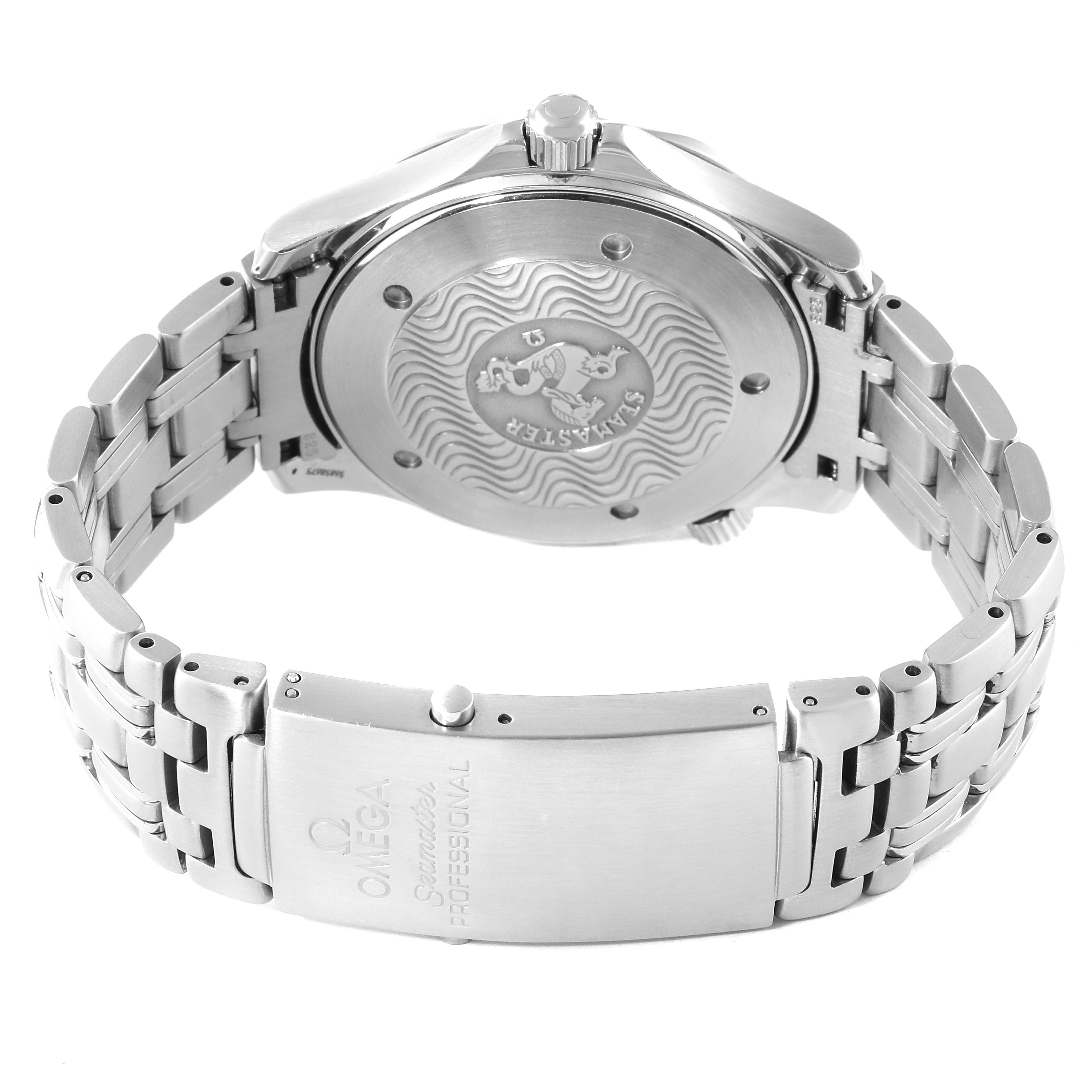 The image shows the back case and bracelet of an Omega Seamaster 2541.80.00 Men's Stainless Steel Blue Dial 2541.80.00 Men's Stainless Steel Blue Dial watch.