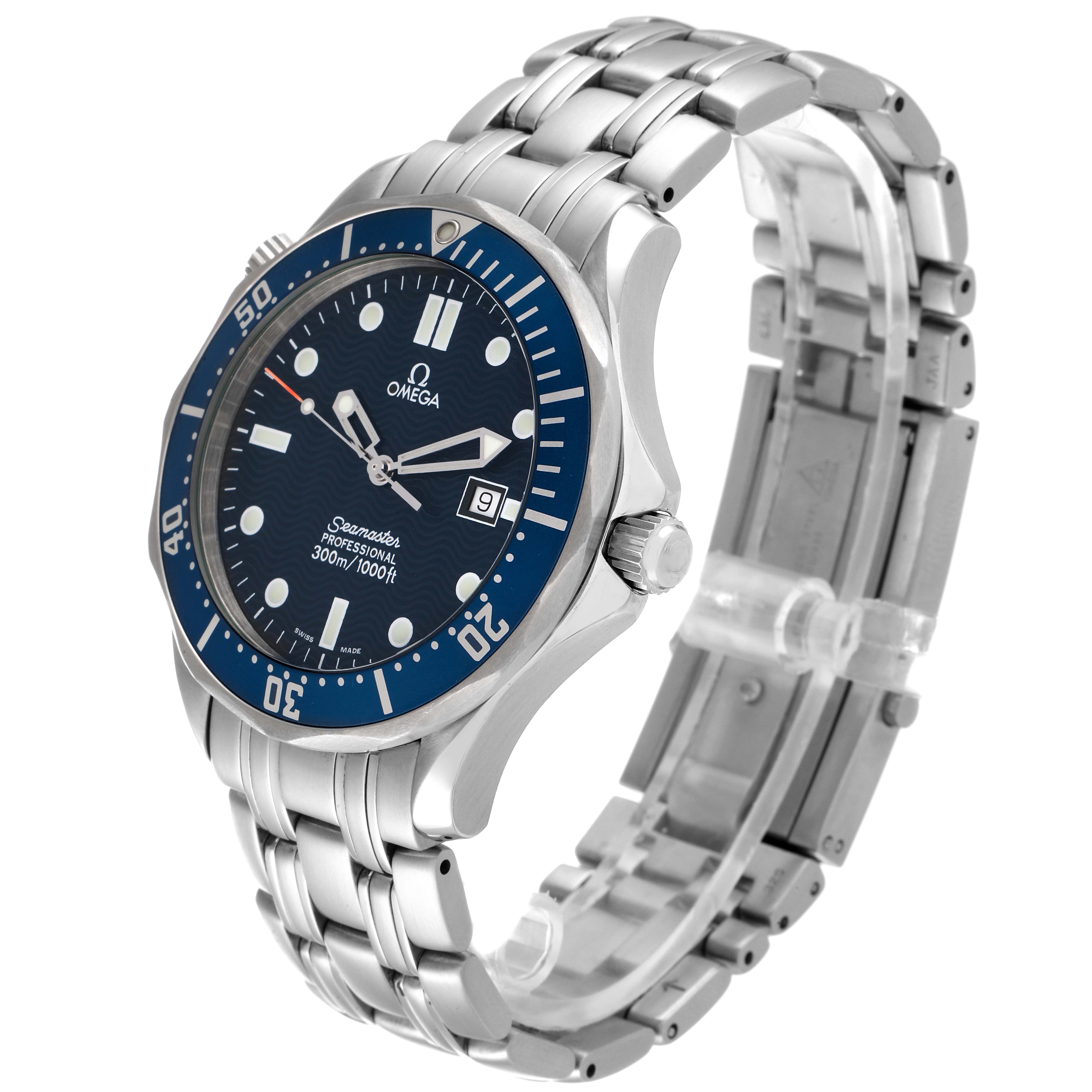 This image shows a side angle of the Omega Seamaster 2541.80.00 Men's Stainless Steel Blue Dial 2541.80.00 Men's Stainless Steel Blue Dial watch, highlighting its face, bezel, and metal bracelet.