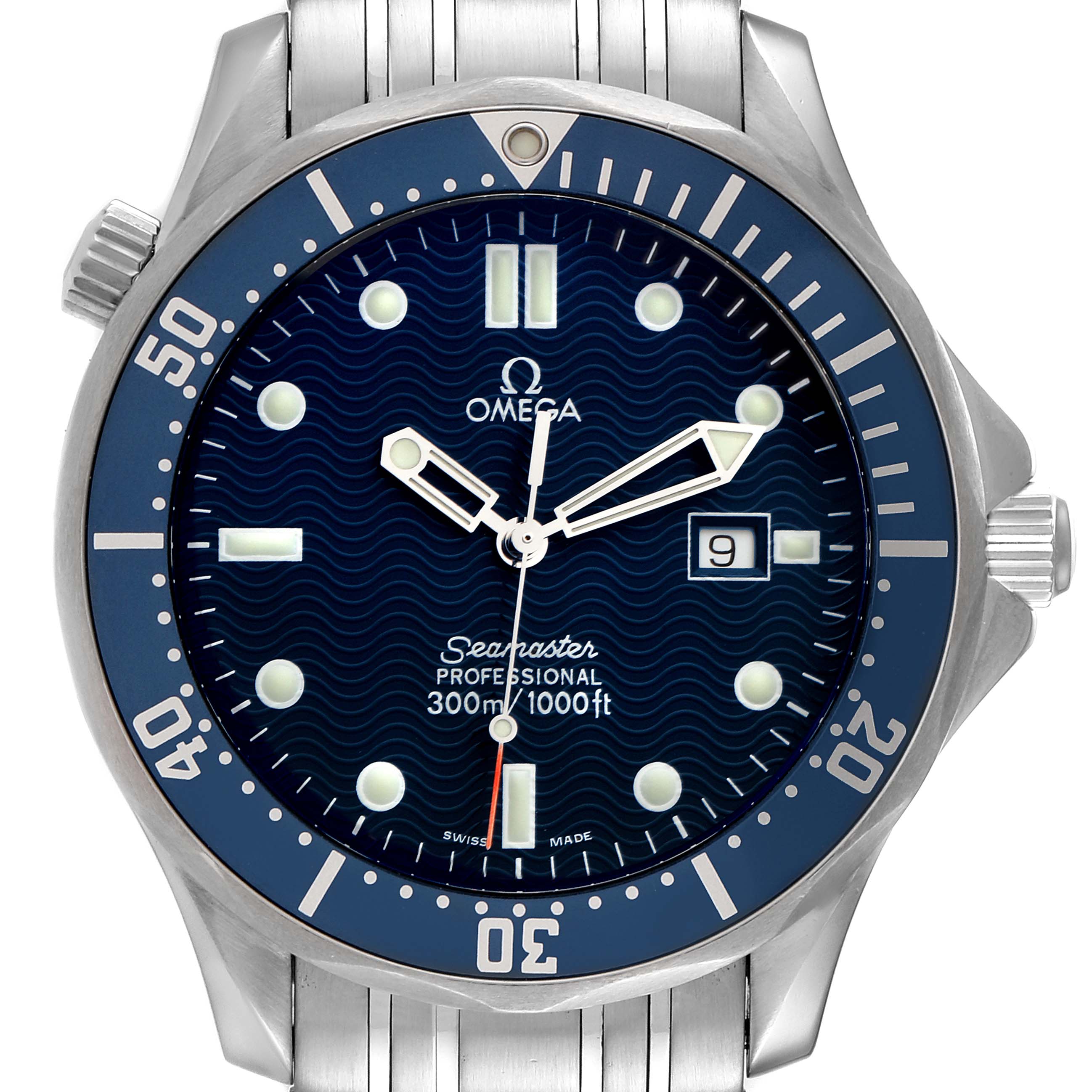 The image shows a front view of the Omega Seamaster 2541.80.00 Men's Stainless Steel Blue Dial 2541.80.00 Men's Stainless Steel Blue Dial watch, highlighting the dial, hands, markers, bezel, and date window.