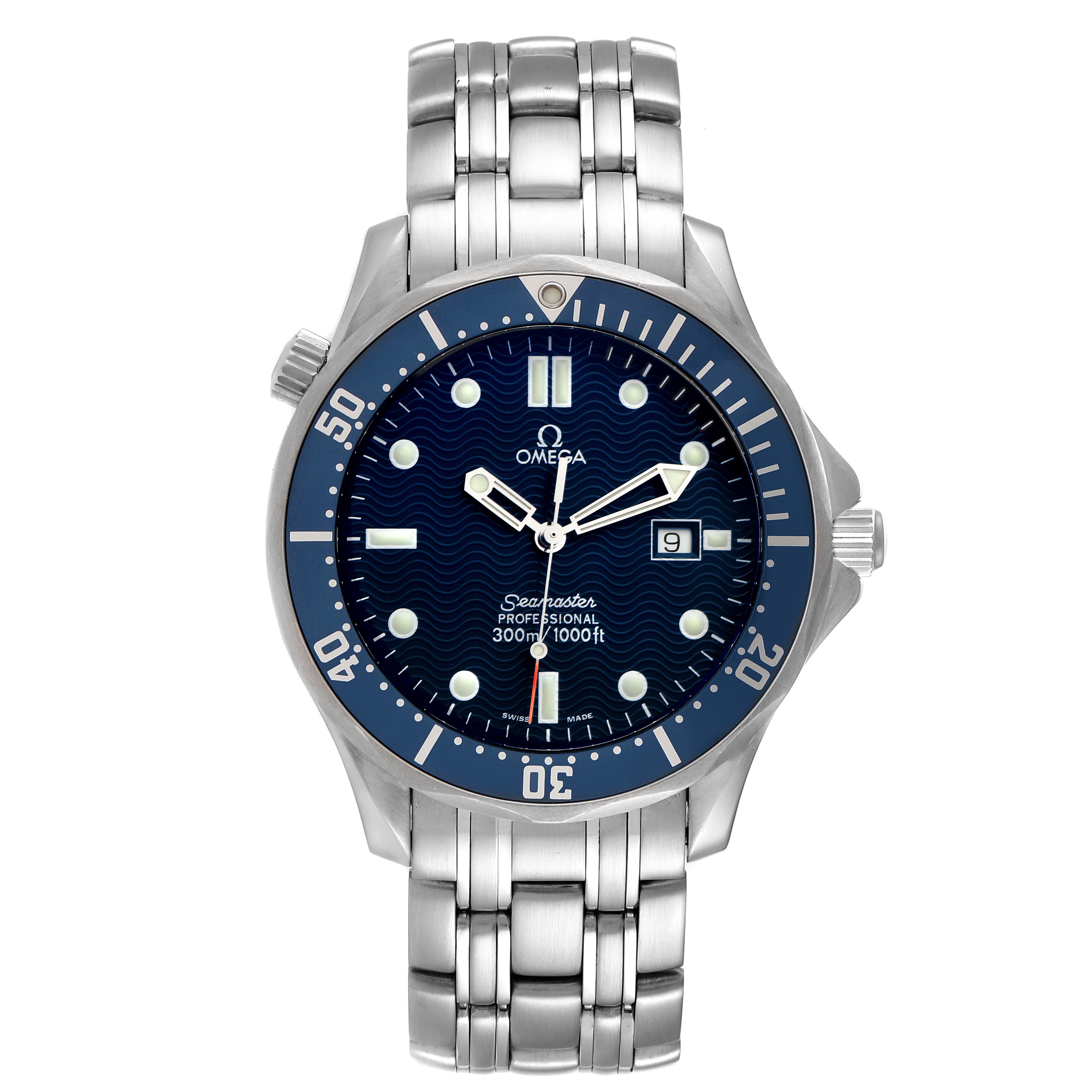 This image shows a frontal view of the Omega Seamaster 2541.80.00 Men's Stainless Steel Blue Dial 2541.80.00 Men's Stainless Steel Blue Dial watch, highlighting its face, bezel, and bracelet.