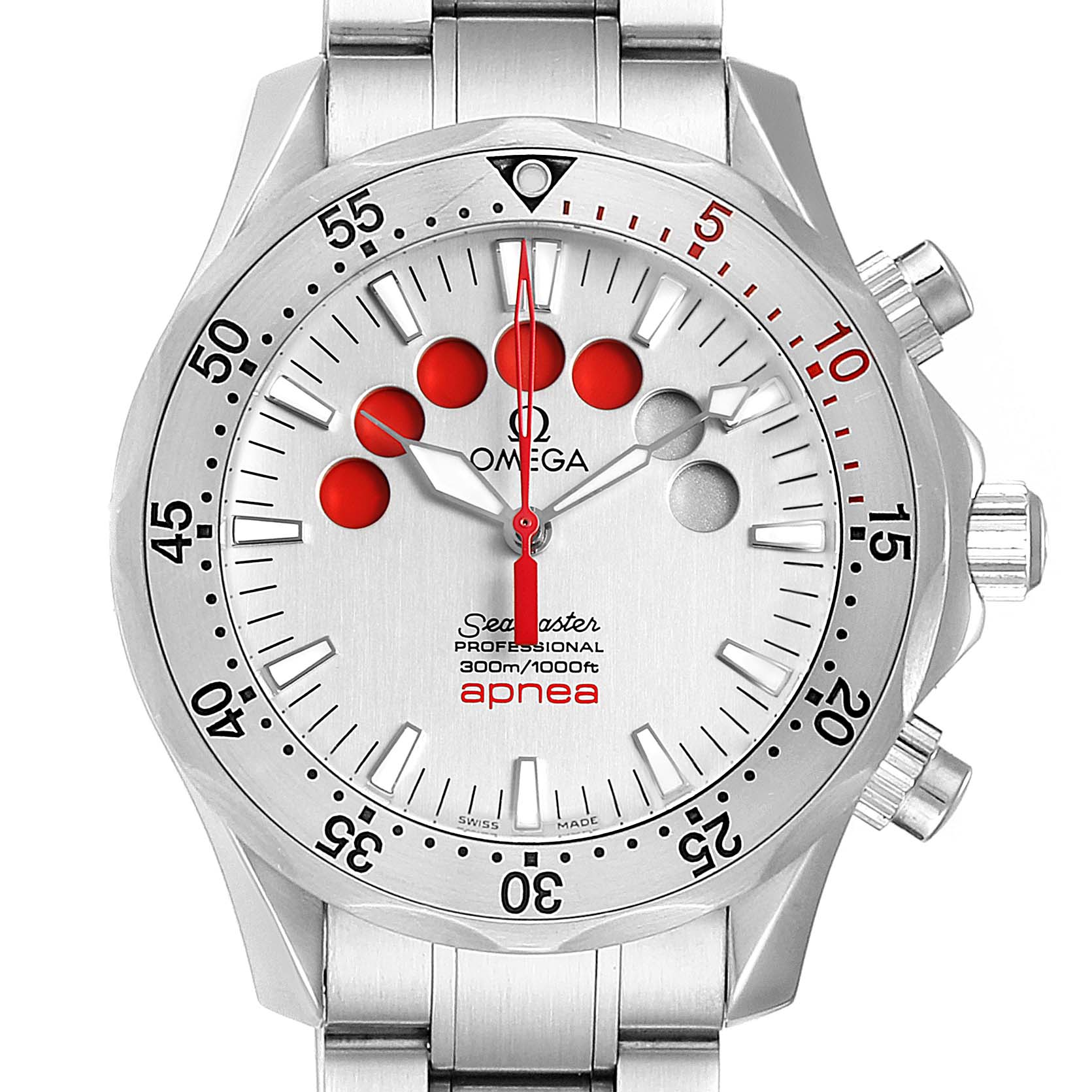 The image shows a close-up, front view of an Omega Seamaster 2595.30.00 Men
s Stainless Steel Silver Dial 2595.30.00 Men
s Stainless Steel Silver Dial Apnea model watch, highlighting the dial and bezel.