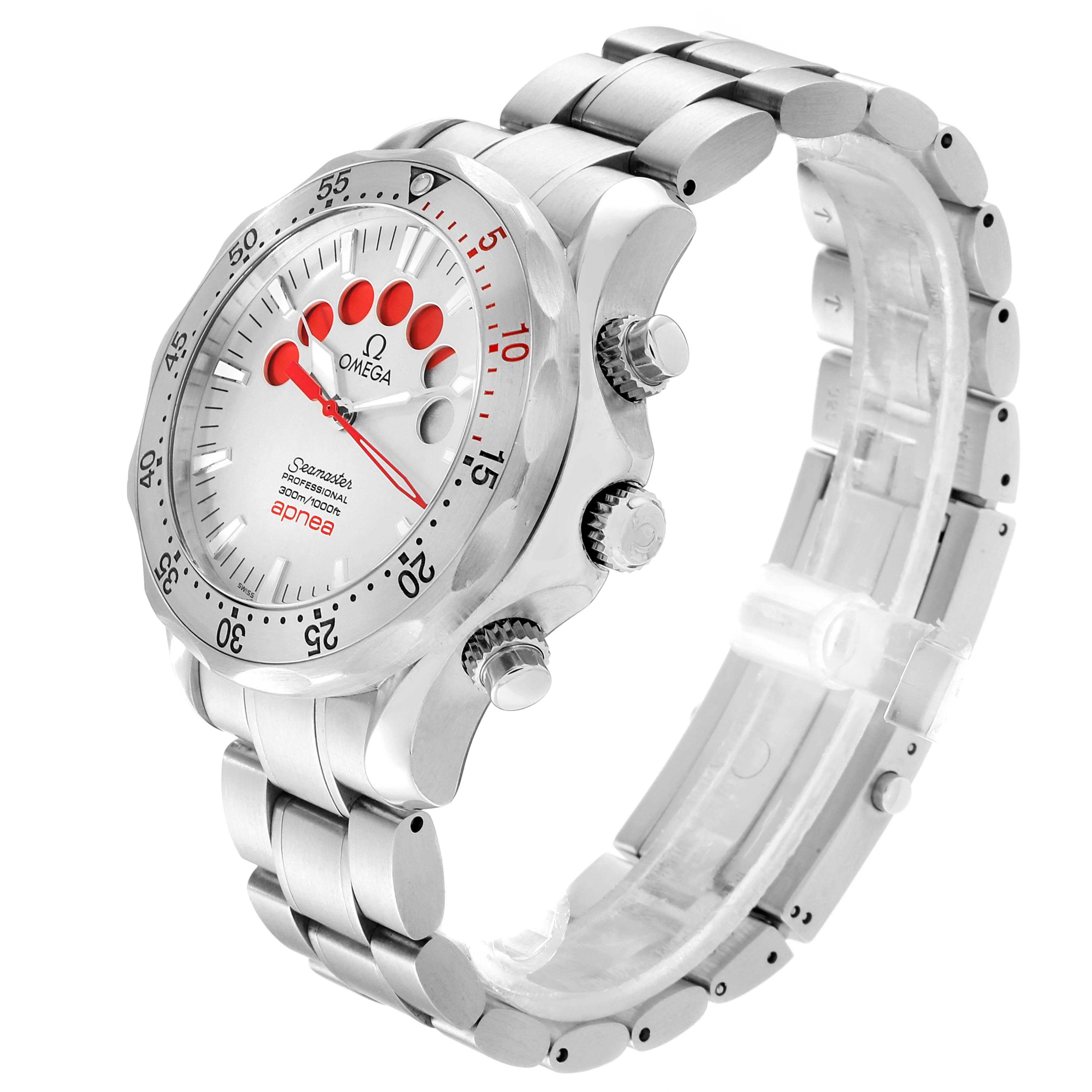 The image shows an Omega Seamaster 2595.30.00 Men
s Stainless Steel Silver Dial 2595.30.00 Men
s Stainless Steel Silver Dial watch at an angle highlighting its face, bezel, crown, buttons, and bracelet.