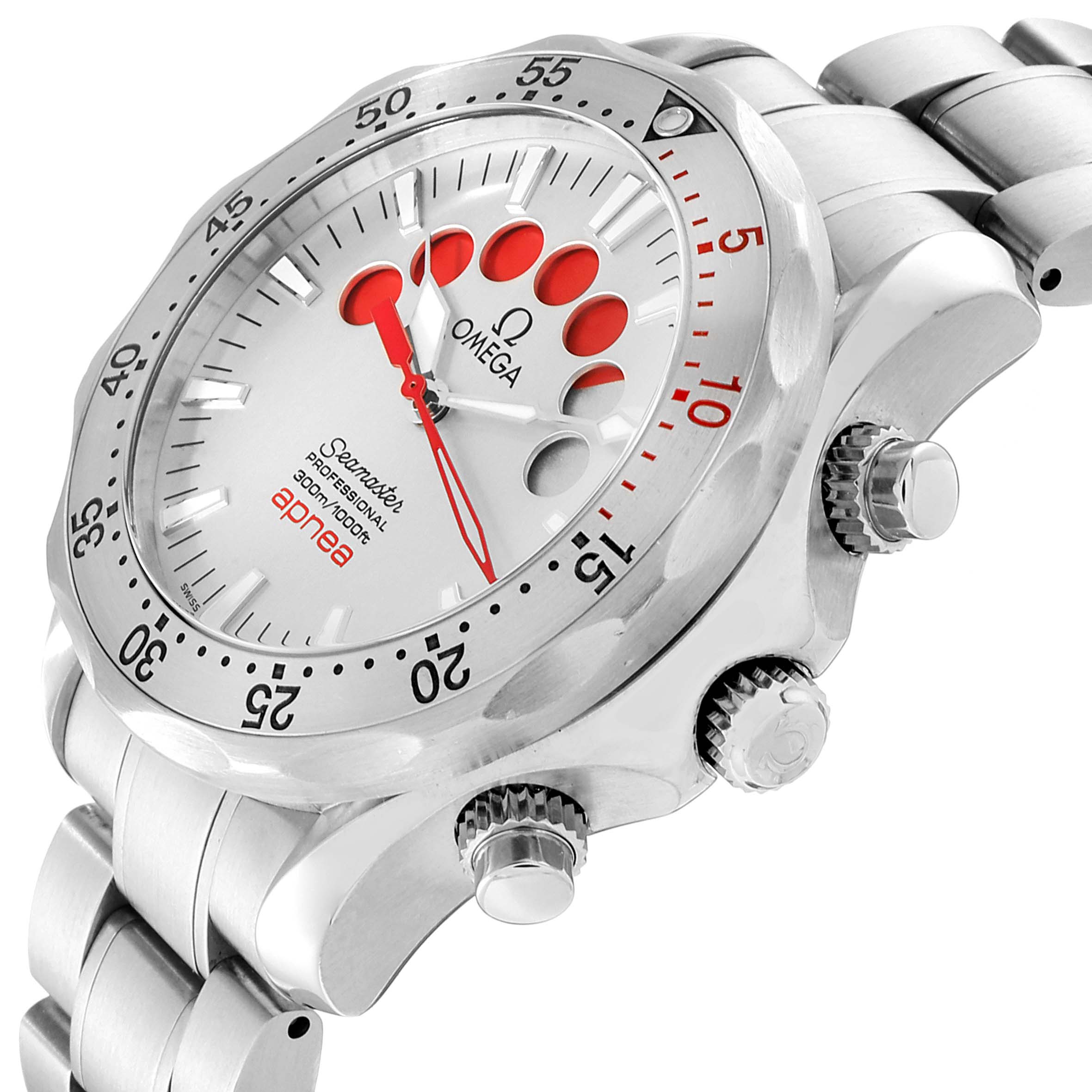 The Omega Seamaster 2595.30.00 Men
s Stainless Steel Silver Dial 2595.30.00 Men
s Stainless Steel Silver Dial watch is shown from the front-left angle, highlighting the bezel, face, and chronograph pushers.