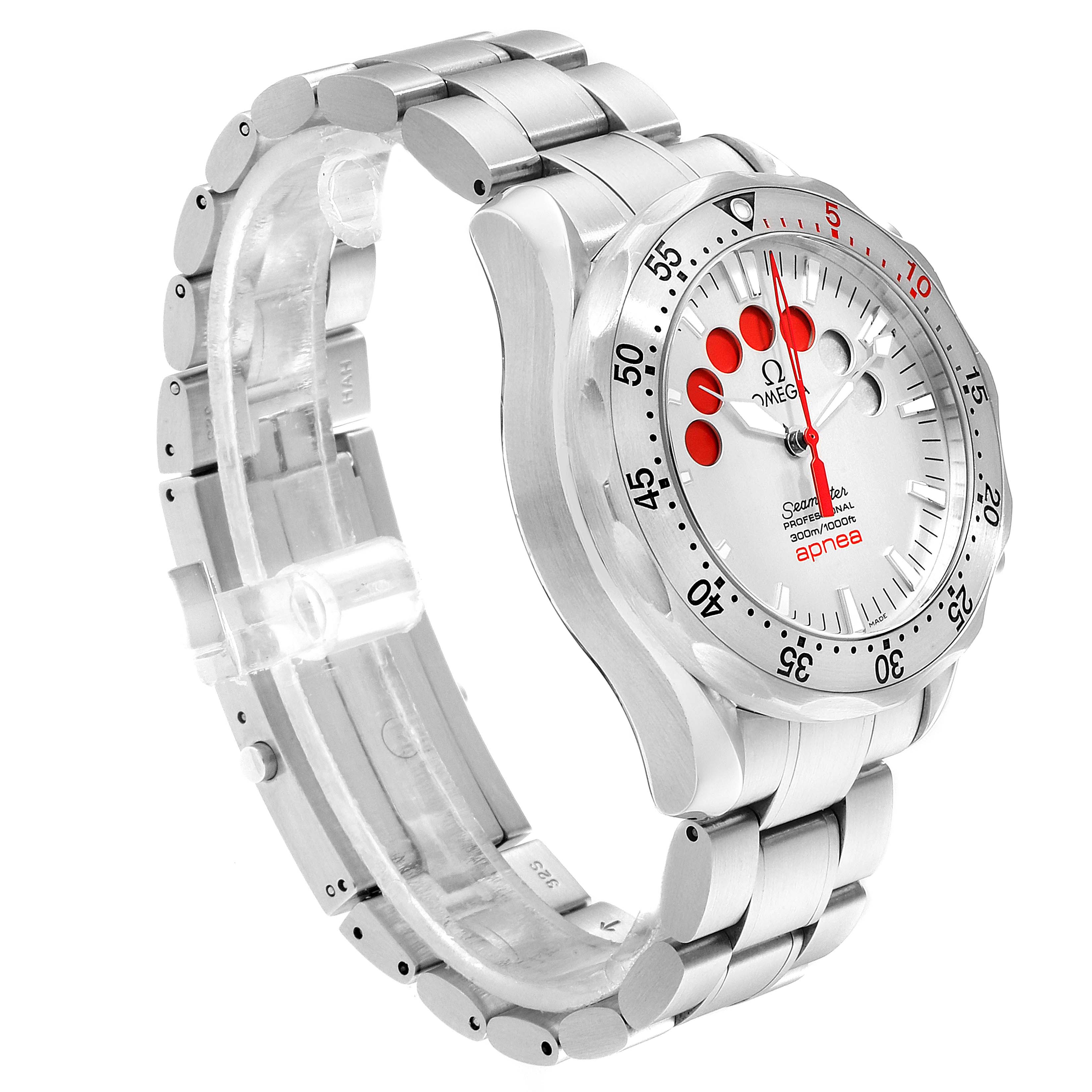 The Omega Seamaster 2595.30.00 Men
s Stainless Steel Silver Dial 2595.30.00 Men
s Stainless Steel Silver Dial watch is shown at a three-quarter angle, highlighting its face and stainless steel bracelet.