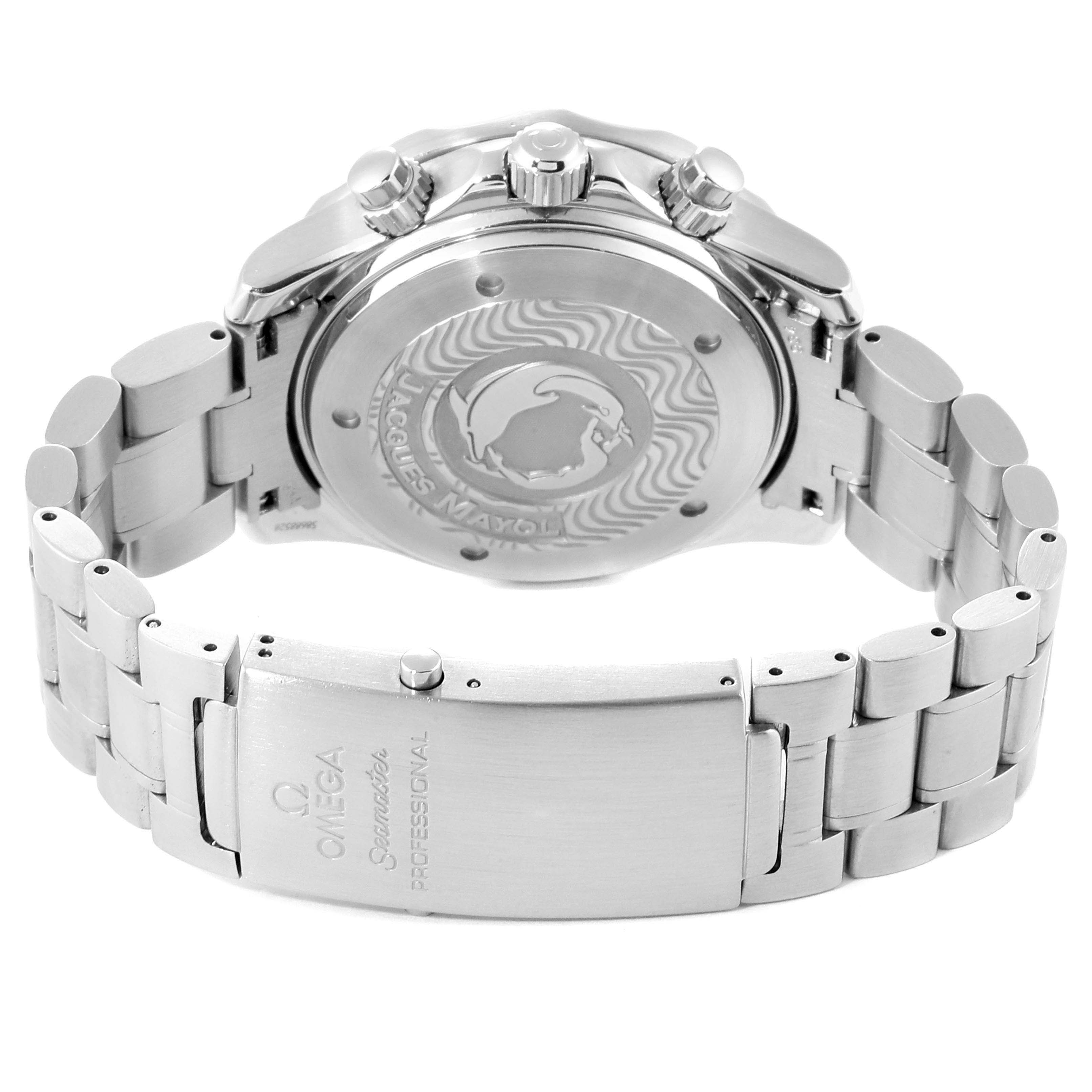 The image shows a rear view of the Omega Seamaster 2595.30.00 Men
s Stainless Steel Silver Dial 2595.30.00 Men
s Stainless Steel Silver Dial watch, highlighting its case back and metal bracelet with clasp.