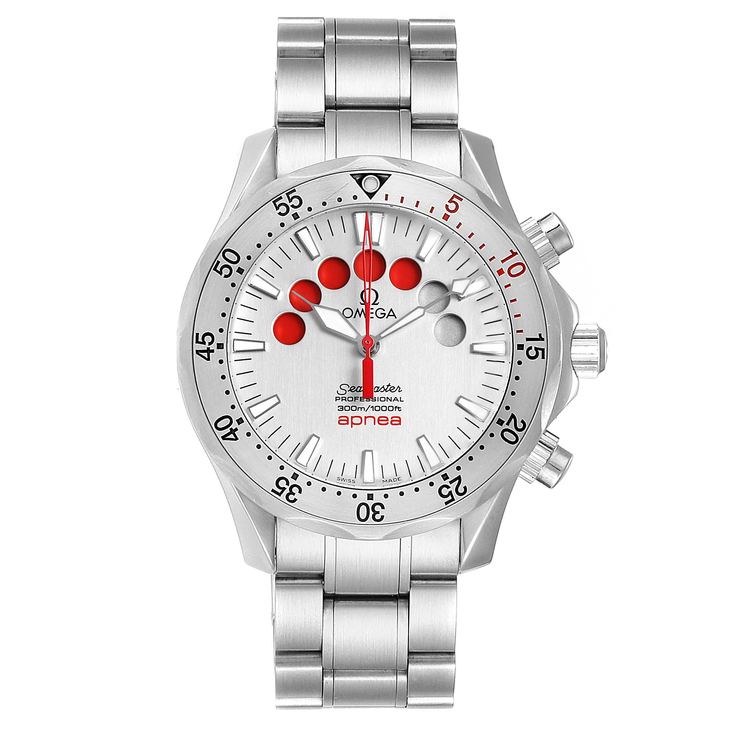 This Omega Seamaster 2595.30.00 Men
s Stainless Steel Silver Dial 2595.30.00 Men
s Stainless Steel Silver Dial watch is shown from a straight-on angle, displaying its face, bezel, bracelet, and pushers.