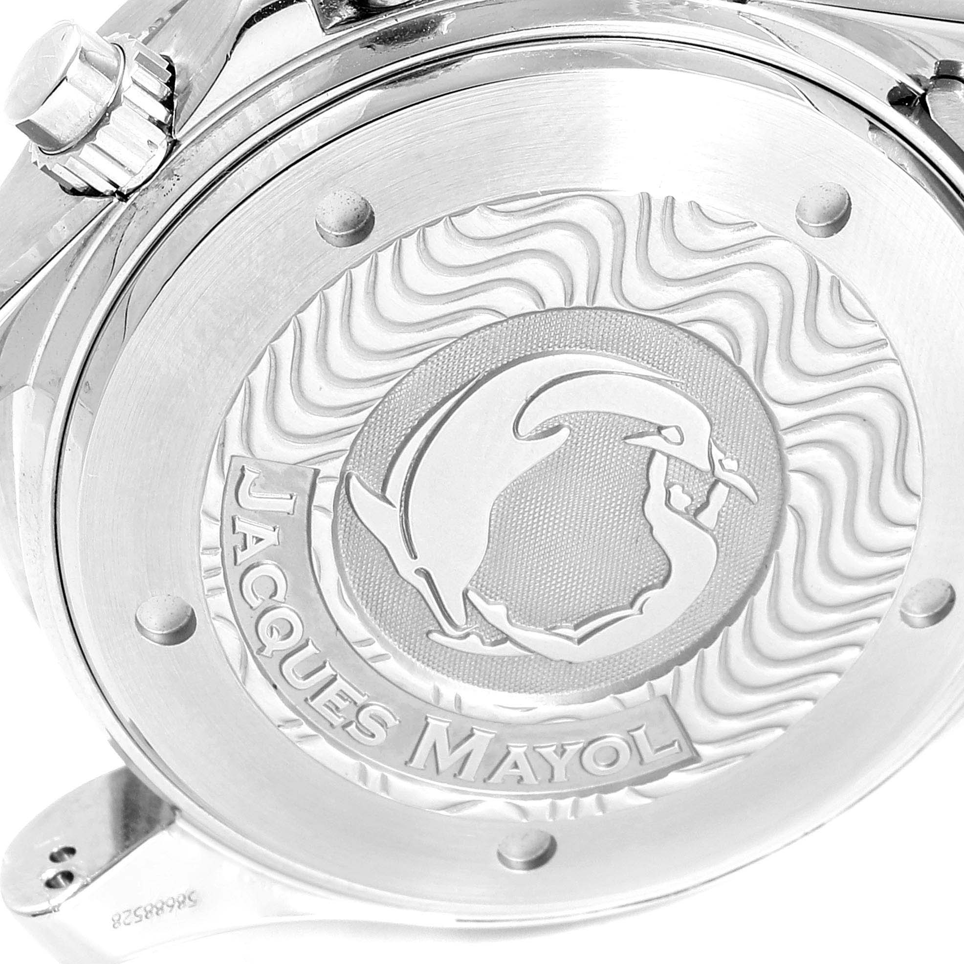 The image shows the case back of an Omega Seamaster 2595.30.00 Men
s Stainless Steel Silver Dial 2595.30.00 Men
s Stainless Steel Silver Dial watch, displaying the Jacques Mayol design and the crown.