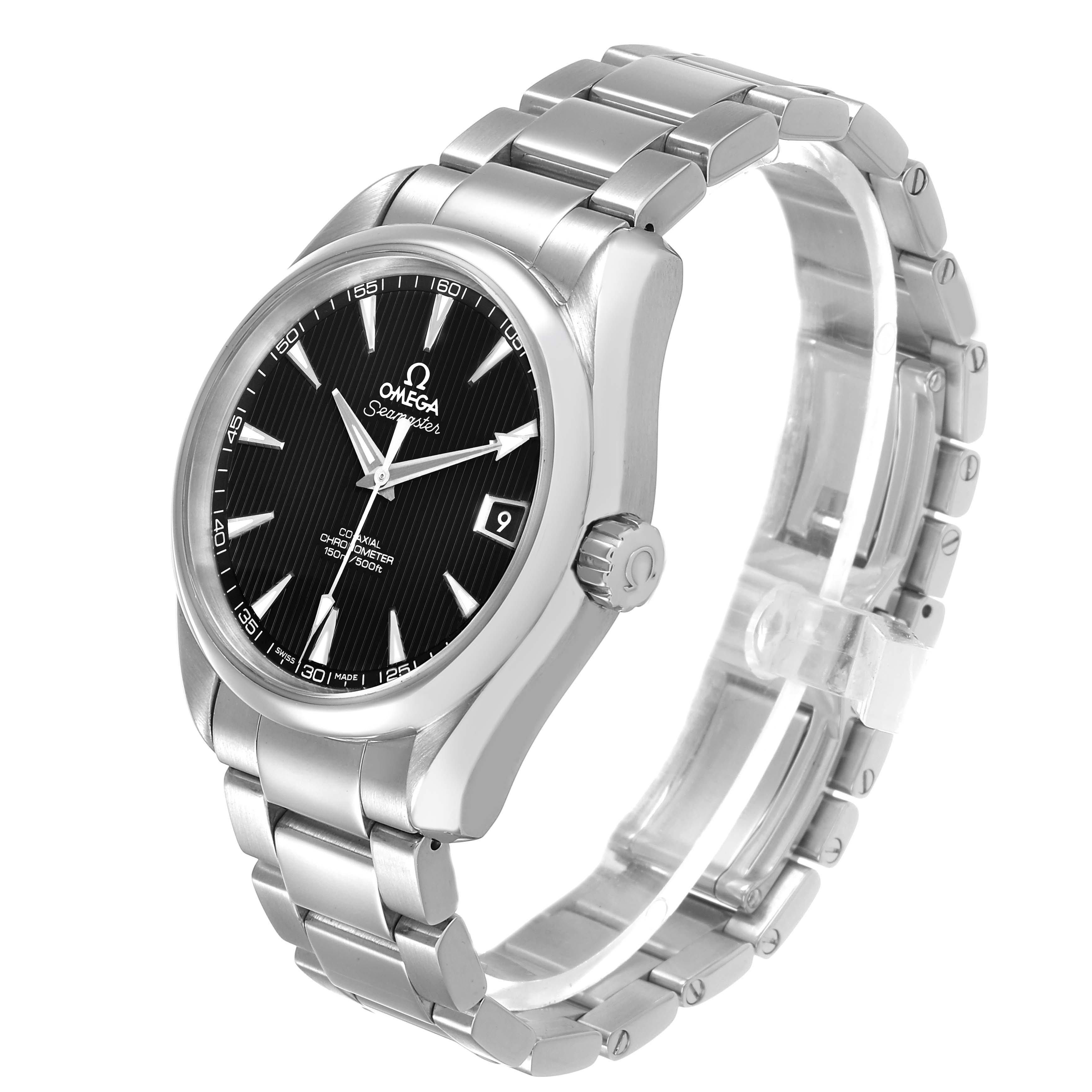 The Omega Seamaster 231.10.39.21.01.001 Men's Stainless Steel Black Dial watch is shown at an angle highlighting the dial, bracelet, crown, and side profile.