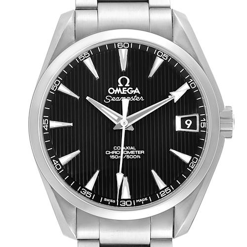 The Omega Seamaster 231.10.39.21.01.001 Men's Stainless Steel Black Dial watch is shown from the front, displaying the dial, bezel, hands, and part of the bracelet.