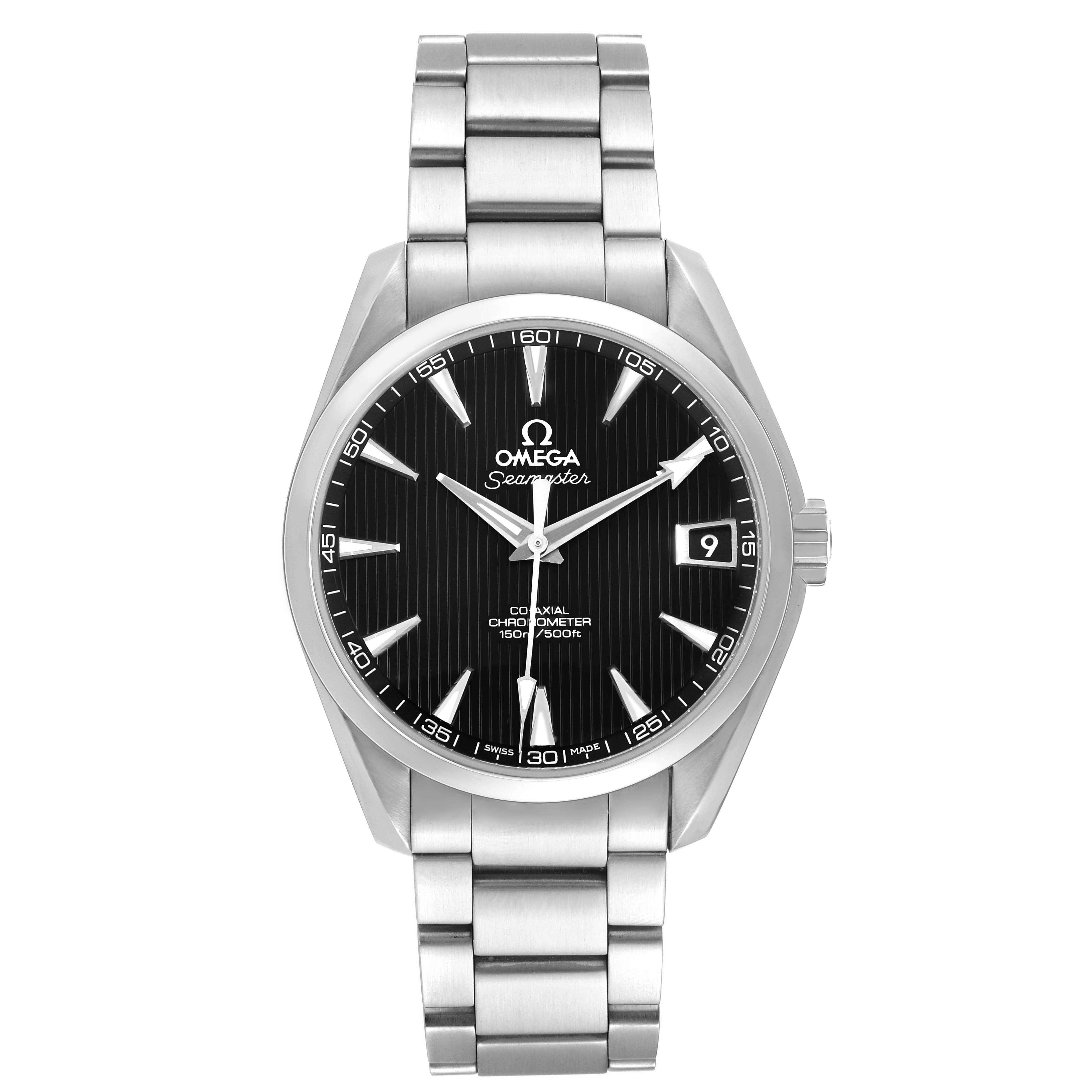 The Omega Seamaster 231.10.39.21.01.001 Men's Stainless Steel Black Dial watch is shown from a front angle, highlighting the face, bezel, and bracelet.