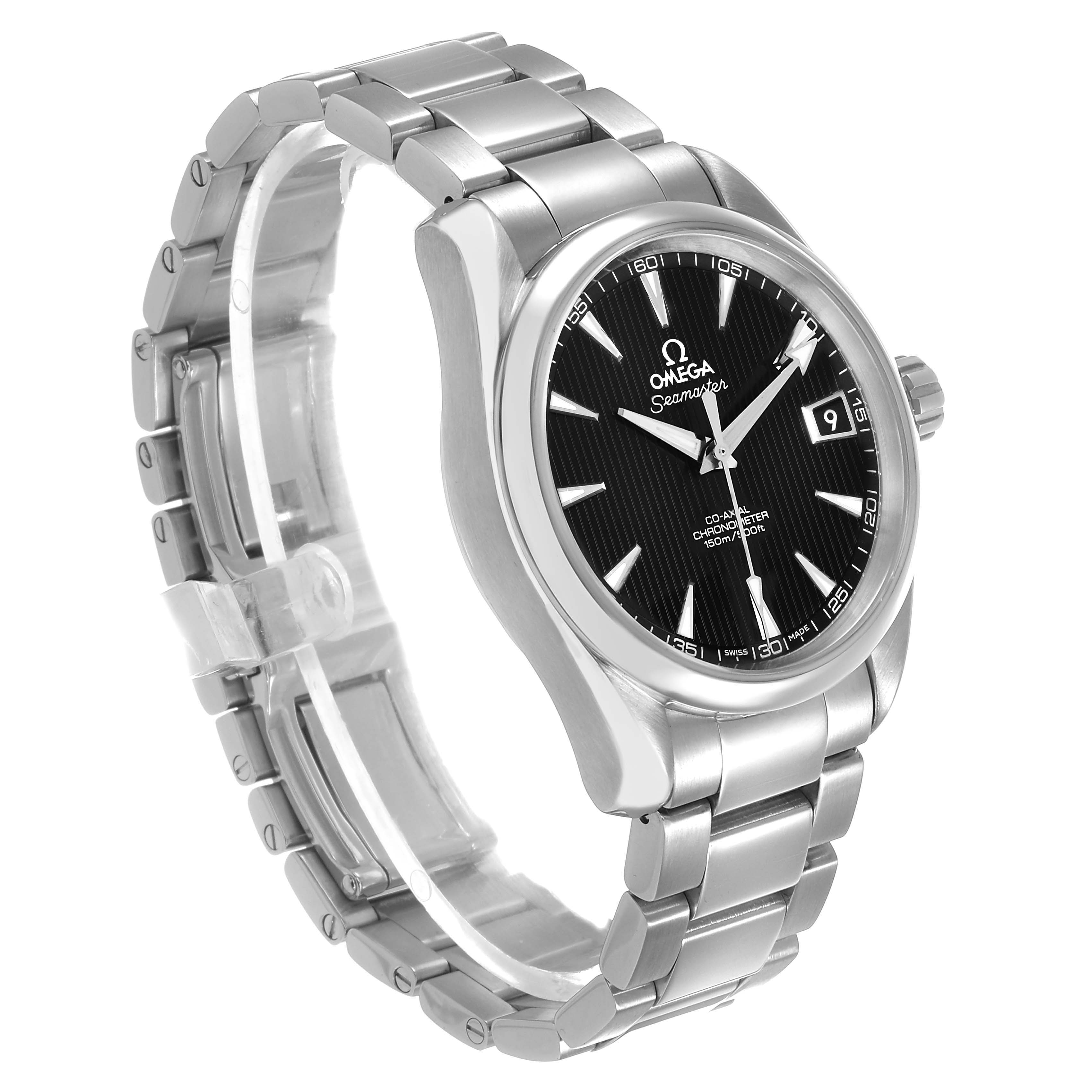 The Omega Seamaster 231.10.39.21.01.001 Men's Stainless Steel Black Dial watch is shown at an angle displaying its face, bezel, crown, and bracelet.