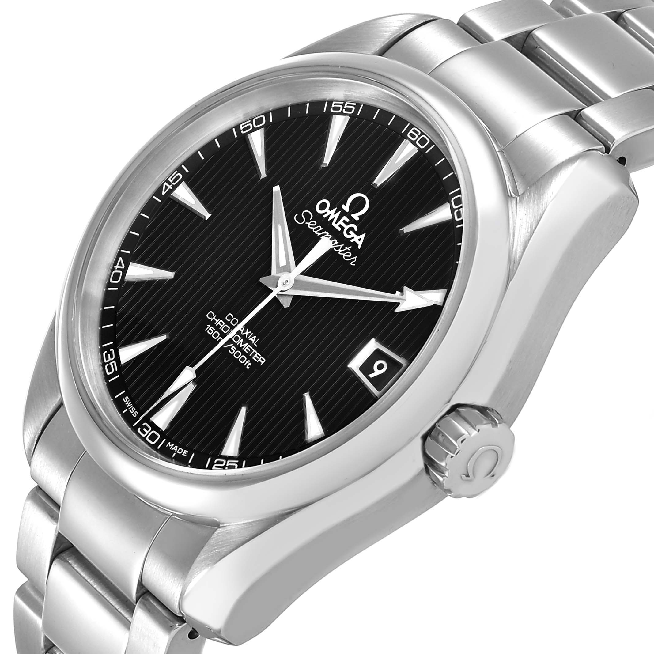 The Omega Seamaster 231.10.39.21.01.001 Men's Stainless Steel Black Dial watch is shown at a slight angle, highlighting the black dial, silver bracelet, crown, and date window.