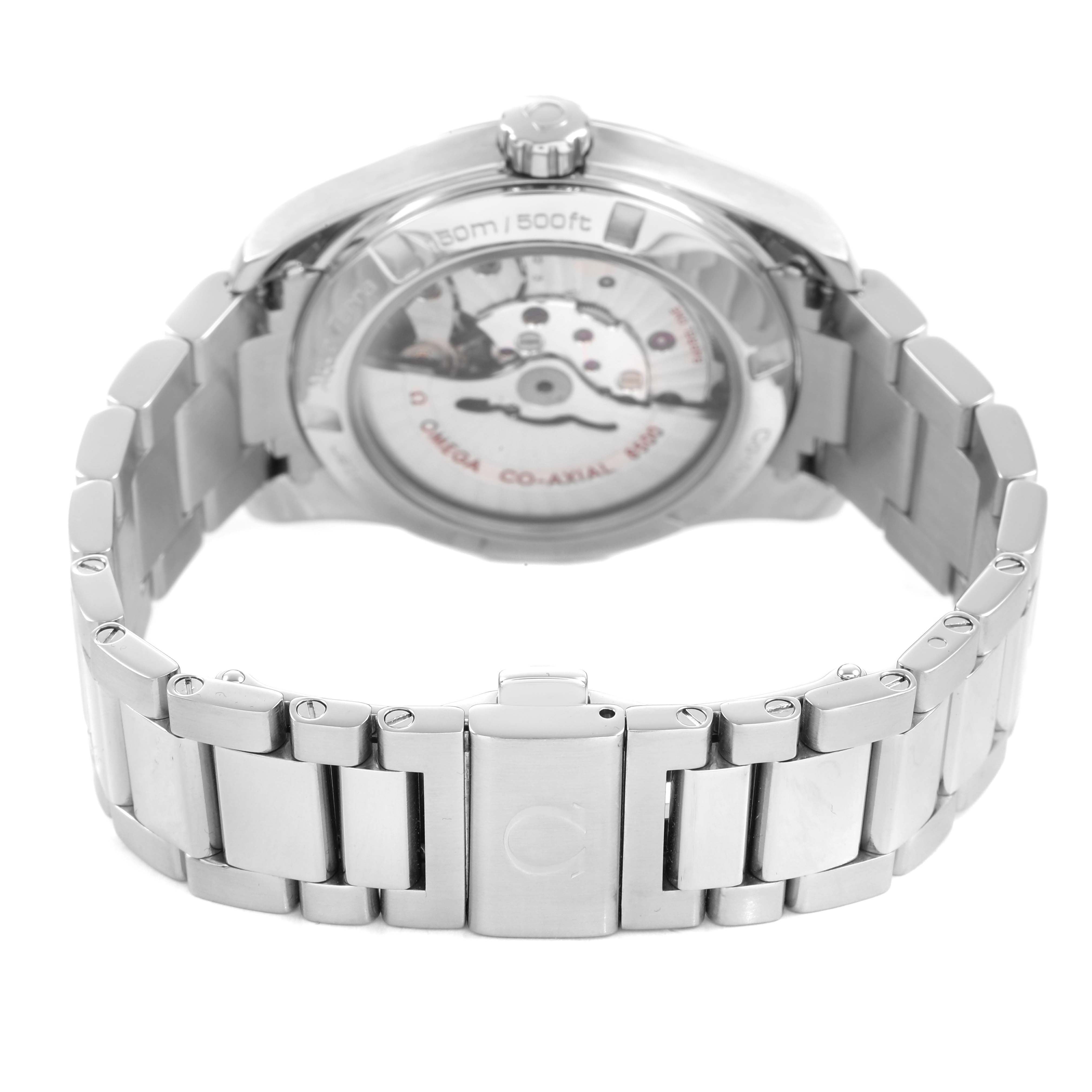 The Omega Seamaster 231.10.39.21.01.001 Men's Stainless Steel Black Dial watch is shown from the back, highlighting the movement and bracelet clasp.