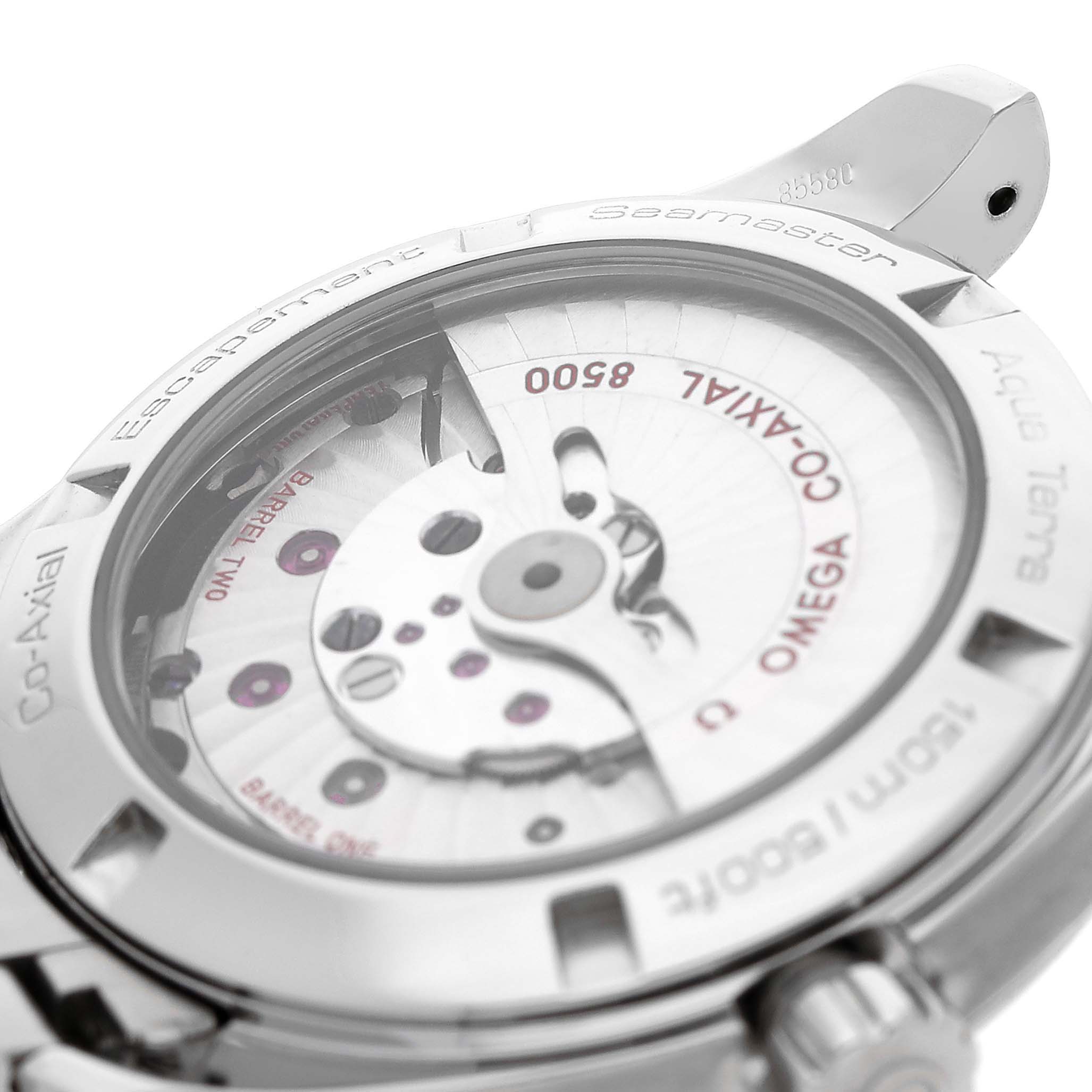 The image shows the back of the Omega Seamaster 231.10.39.21.01.001 Men's Stainless Steel Black Dial watch at an angle, highlighting the movement and engraved details.