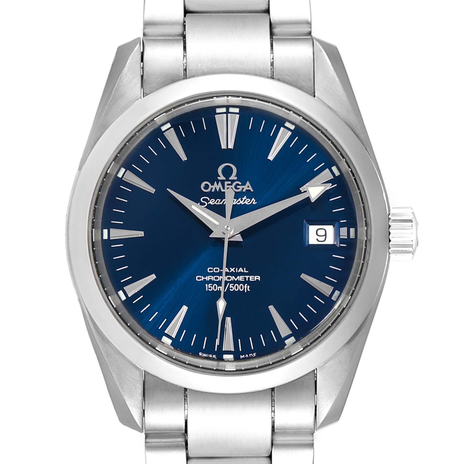 The image shows a frontal view of the Omega Aqua Terra 2504.80.00  Men's Stainless Steel Blue Dial 2504.80.00  Men's Stainless Steel Blue Dial watch, highlighting the blue dial, silver hands, and metal bracelet.