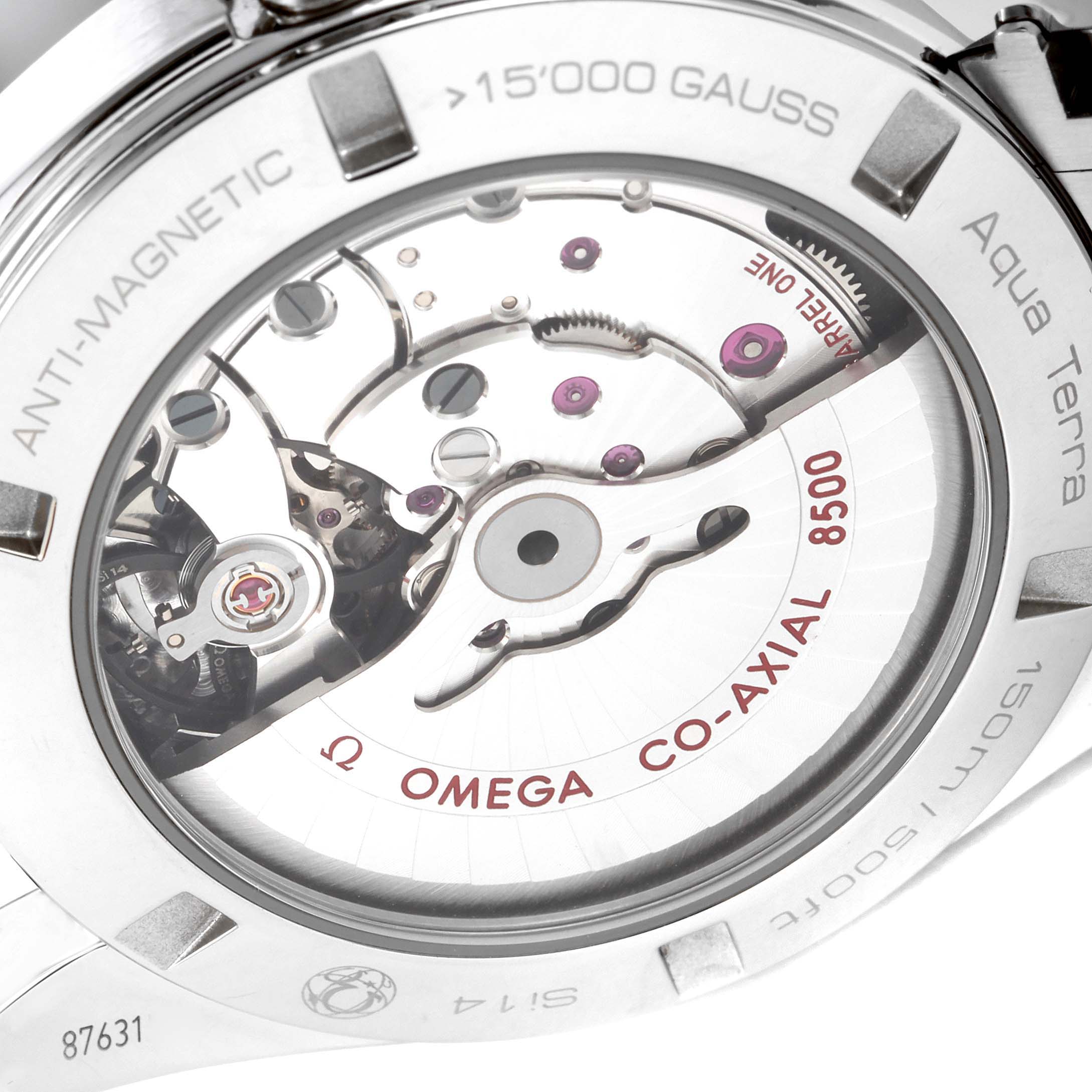 This image shows the back view of the Omega Aqua Terra 231.10.42.21.03.003 Men
s Stainless Steel Blue Dial 231.10.42.21.03.003 Men
s Stainless Steel Blue Dial watch, highlighting its Co-Axial 8500 movement mechanism.