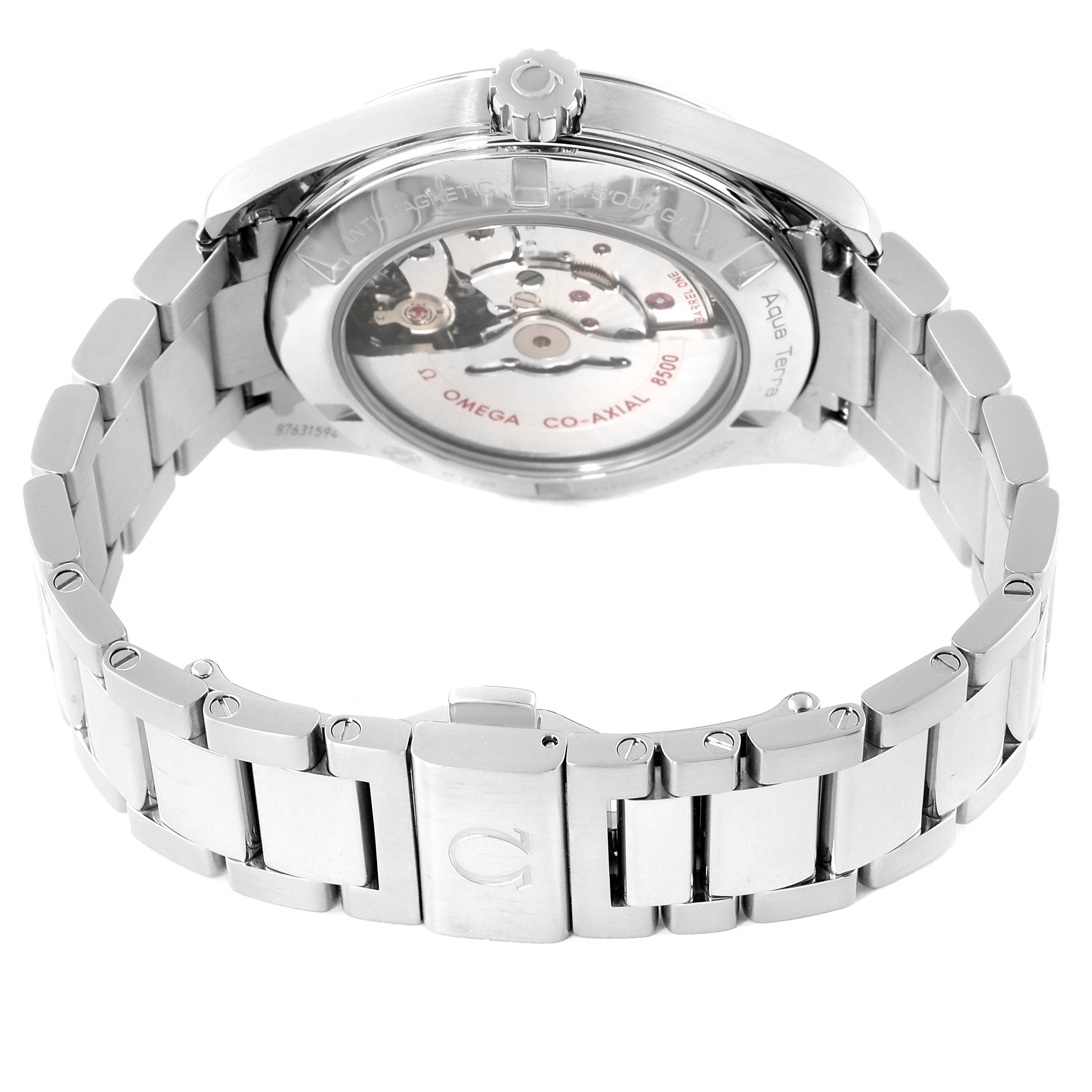 The image shows the back view of an Omega Aqua Terra 231.10.42.21.03.003 Men
s Stainless Steel Blue Dial 231.10.42.21.03.003 Men
s Stainless Steel Blue Dial watch, revealing its Co-Axial movement and the stainless steel bracelet.