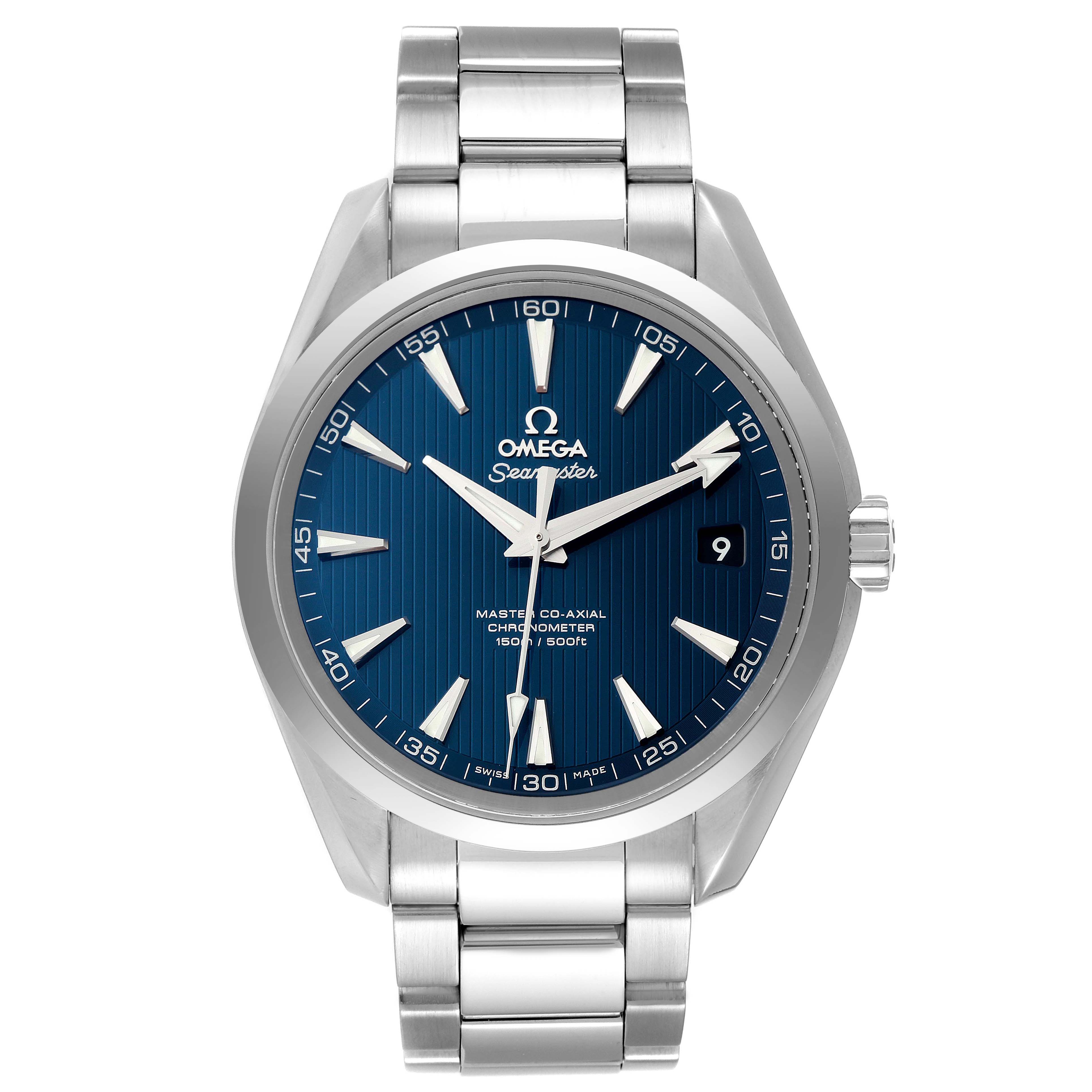 The image shows a front view of the Omega Aqua Terra 231.10.42.21.03.003 Men
s Stainless Steel Blue Dial 231.10.42.21.03.003 Men
s Stainless Steel Blue Dial watch with a blue dial and a stainless steel bracelet.