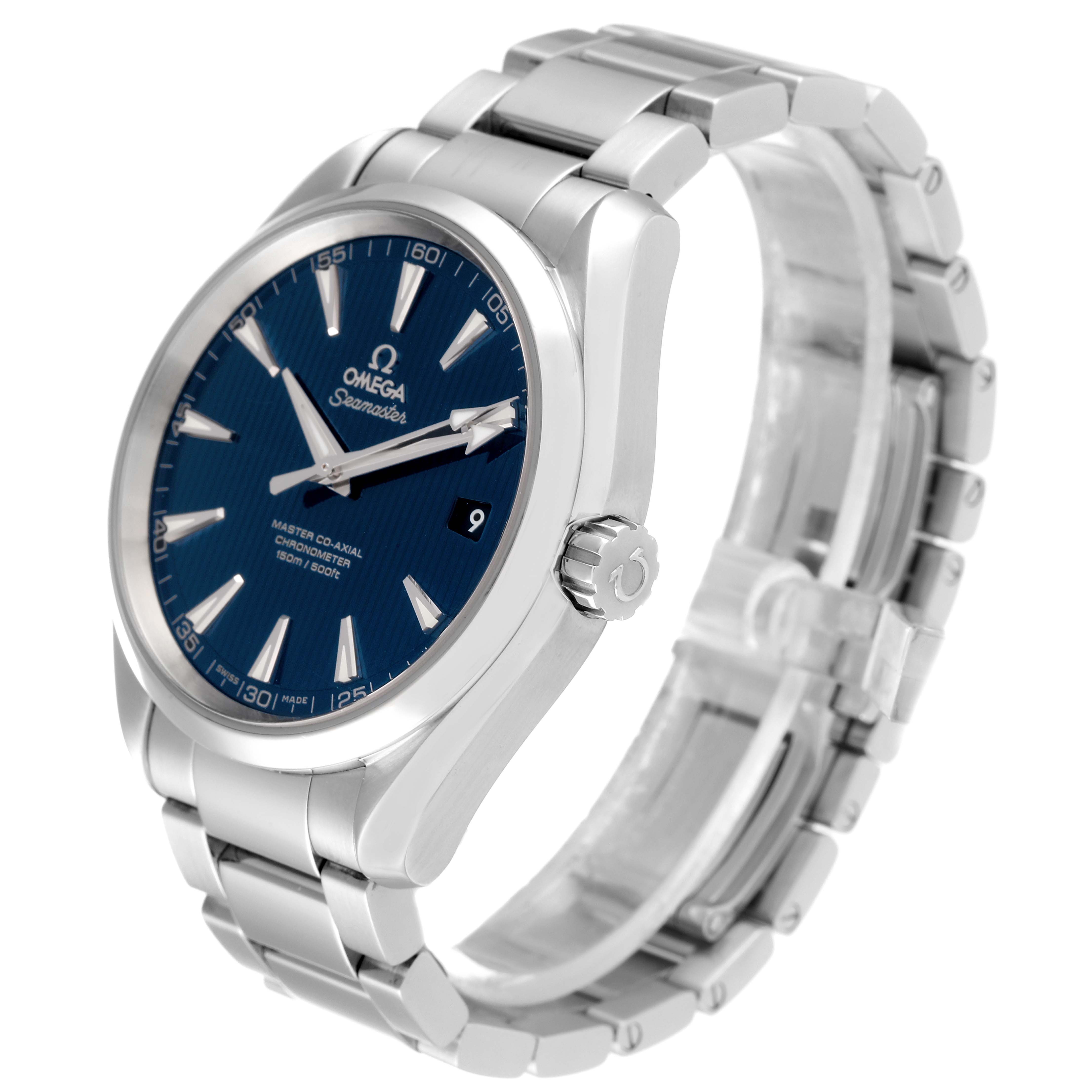 The image shows a side angle of the Omega Aqua Terra 231.10.42.21.03.003 Men
s Stainless Steel Blue Dial 231.10.42.21.03.003 Men
s Stainless Steel Blue Dial watch, highlighting its blue dial, metal bracelet, and crown.