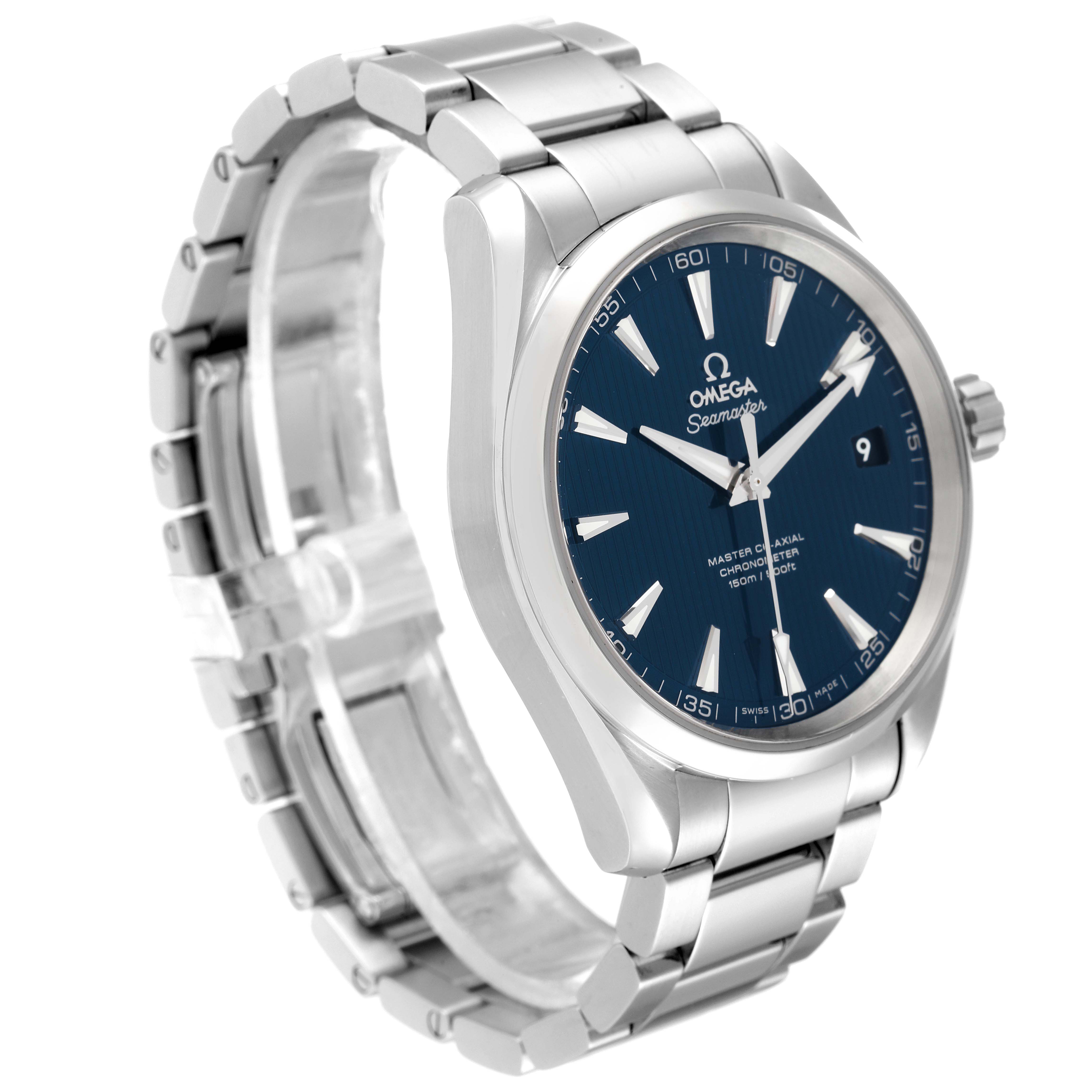 This image shows an Omega Aqua Terra 231.10.42.21.03.003 Men
s Stainless Steel Blue Dial 231.10.42.21.03.003 Men
s Stainless Steel Blue Dial watch at a three-quarter angle, highlighting its blue dial, stainless steel case, and bracelet.