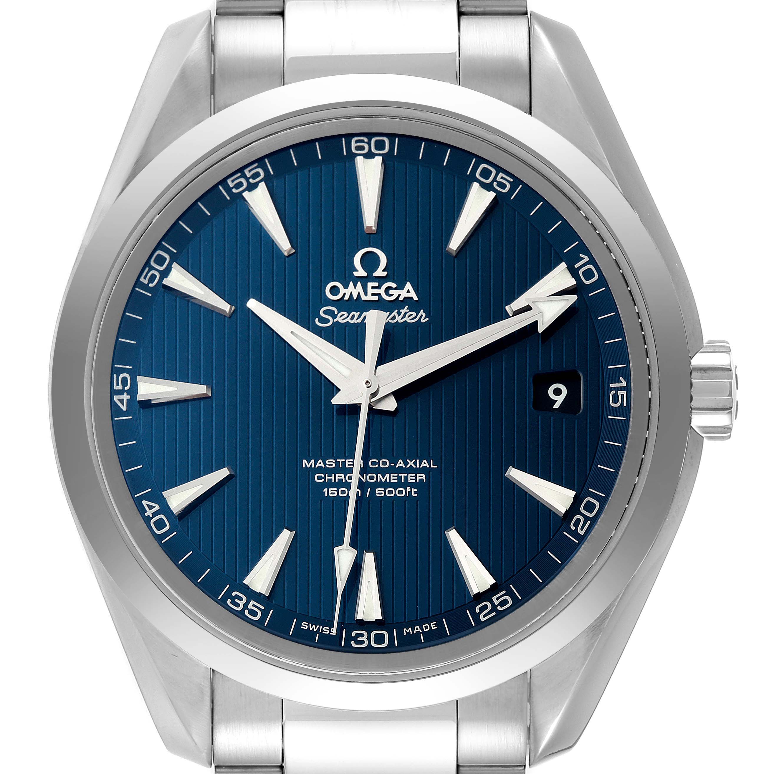 This image shows a front view of the Omega Aqua Terra 231.10.42.21.03.003 Men
s Stainless Steel Blue Dial 231.10.42.21.03.003 Men
s Stainless Steel Blue Dial watch, including the dial, hands, bezel, and part of the bracelet.