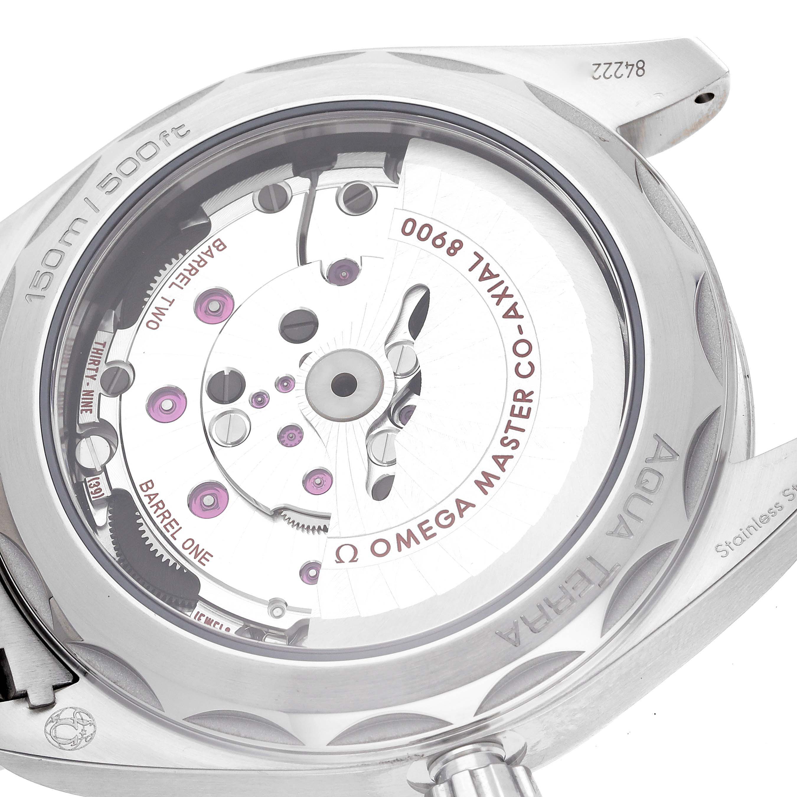 This image shows the back of the Omega Aqua Terra 220.10.41.21.03.004 Men
s Stainless Steel Blue Dial 220.10.41.21.03.004 Men
s Stainless Steel Blue Dial watch, highlighting the exposed mechanical movement.