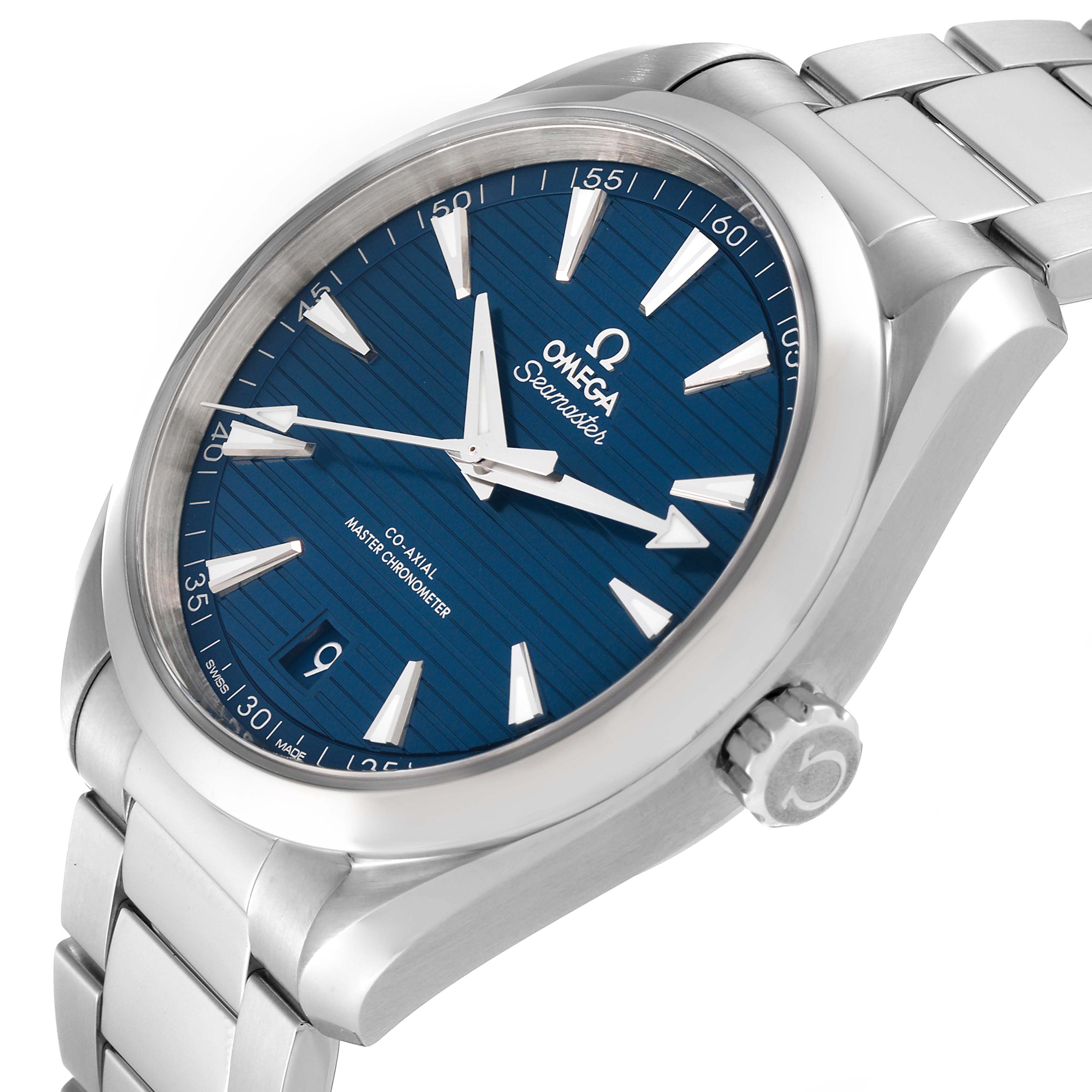 The image shows an angled view of the Omega Aqua Terra 220.10.41.21.03.004 Men
s Stainless Steel Blue Dial 220.10.41.21.03.004 Men
s Stainless Steel Blue Dial watch, displaying the dial, bezel, case, crown, and part of the bracelet.