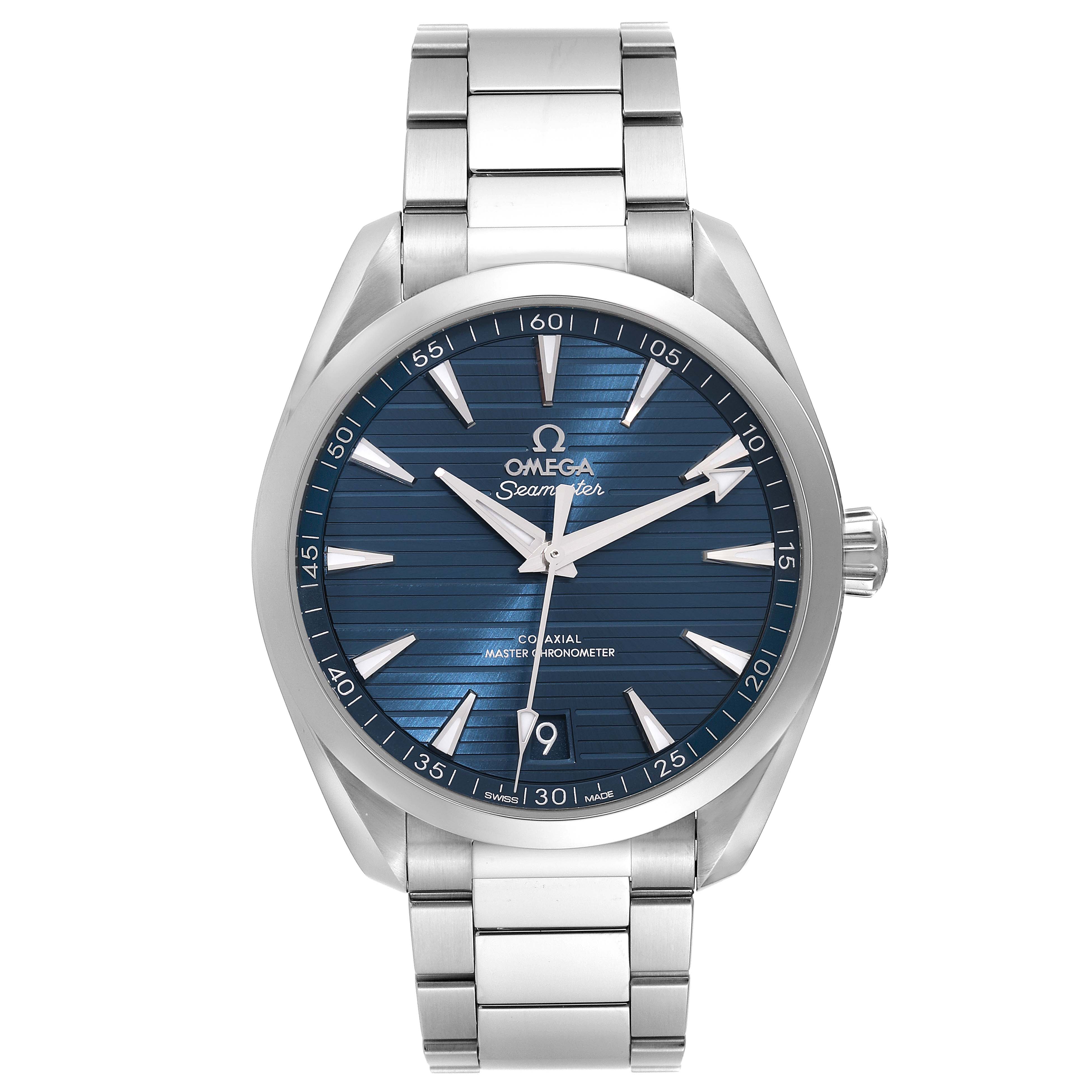 The Omega Aqua Terra 220.10.41.21.03.004 Men
s Stainless Steel Blue Dial 220.10.41.21.03.004 Men
s Stainless Steel Blue Dial watch is shown from a front angle, displaying the dial, hands, crown, and part of the bracelet.
