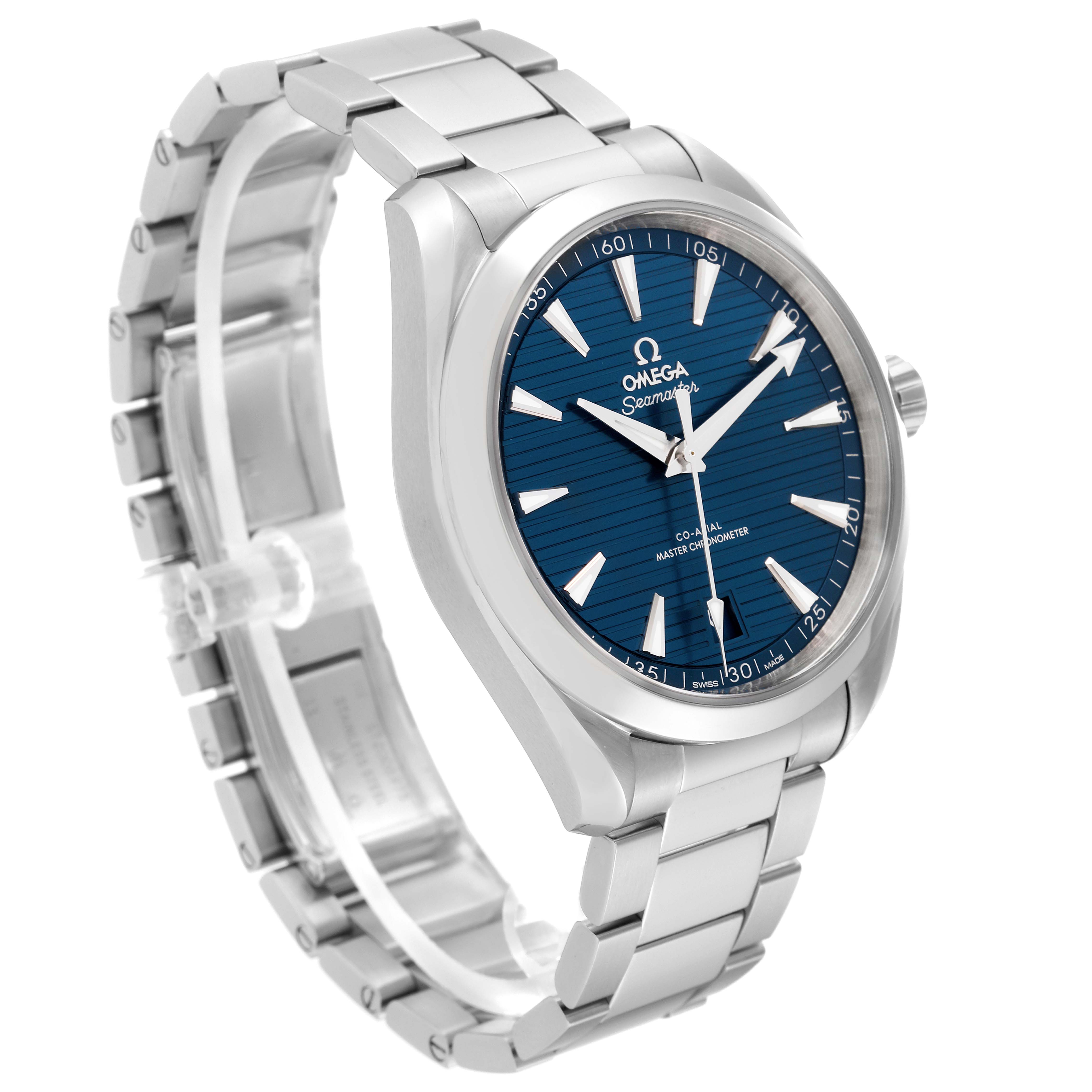 The image shows a side angle of the Omega Aqua Terra 220.10.41.21.03.004 Men
s Stainless Steel Blue Dial 220.10.41.21.03.004 Men
s Stainless Steel Blue Dial watch, featuring its metal bracelet, blue face, and crown.