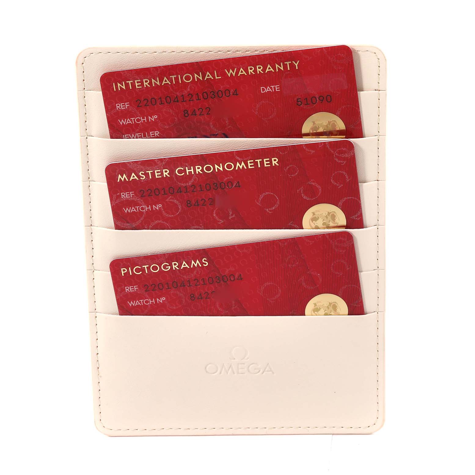 This image shows the warranty cards for the Omega Aqua Terra 220.10.41.21.03.004 Men
s Stainless Steel Blue Dial 220.10.41.21.03.004 Men
s Stainless Steel Blue Dial model, displayed in a white cardholder.