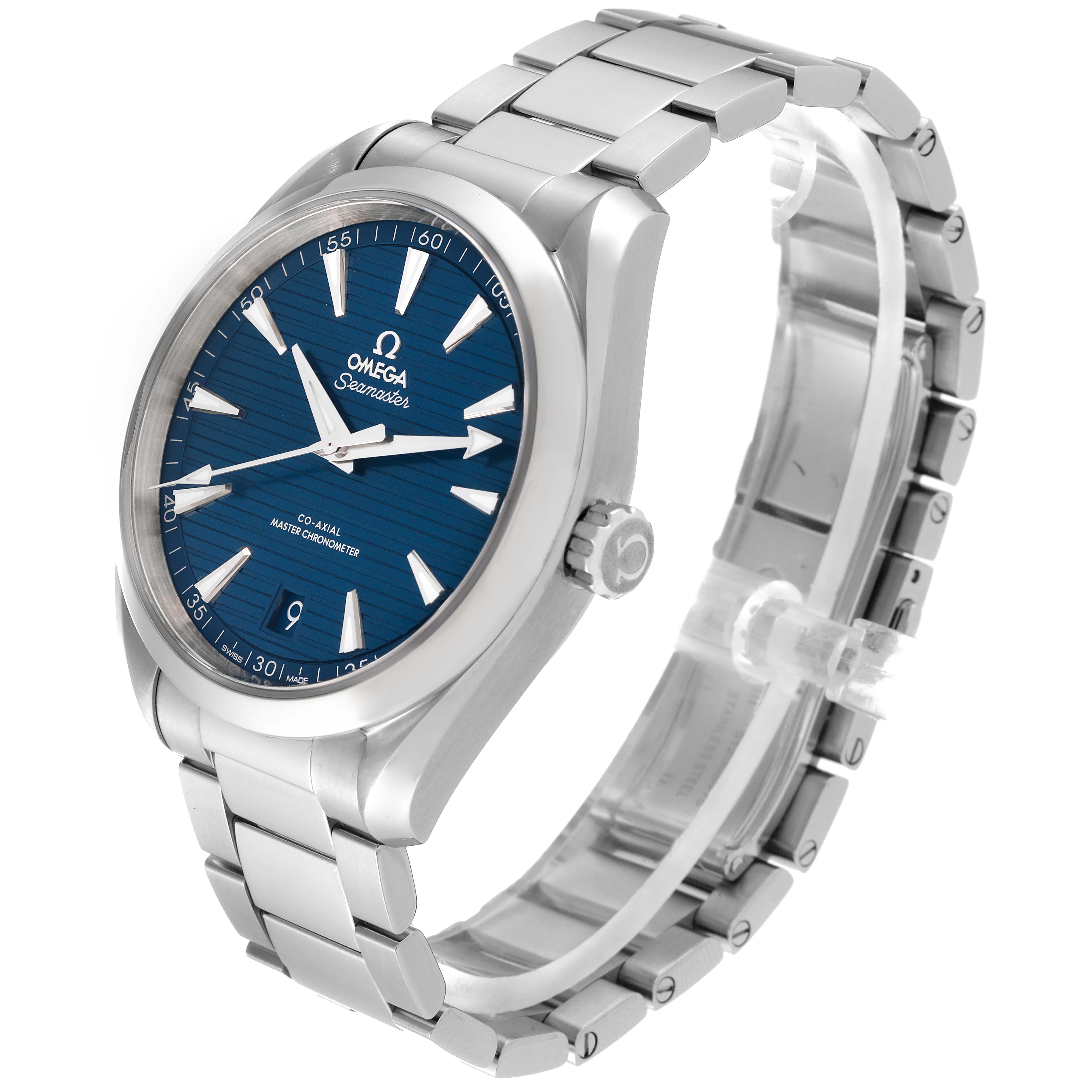 The image shows an Omega Aqua Terra 220.10.41.21.03.004 Men
s Stainless Steel Blue Dial 220.10.41.21.03.004 Men
s Stainless Steel Blue Dial watch angled from the front-right, highlighting its blue dial, stainless steel case, and bracelet.