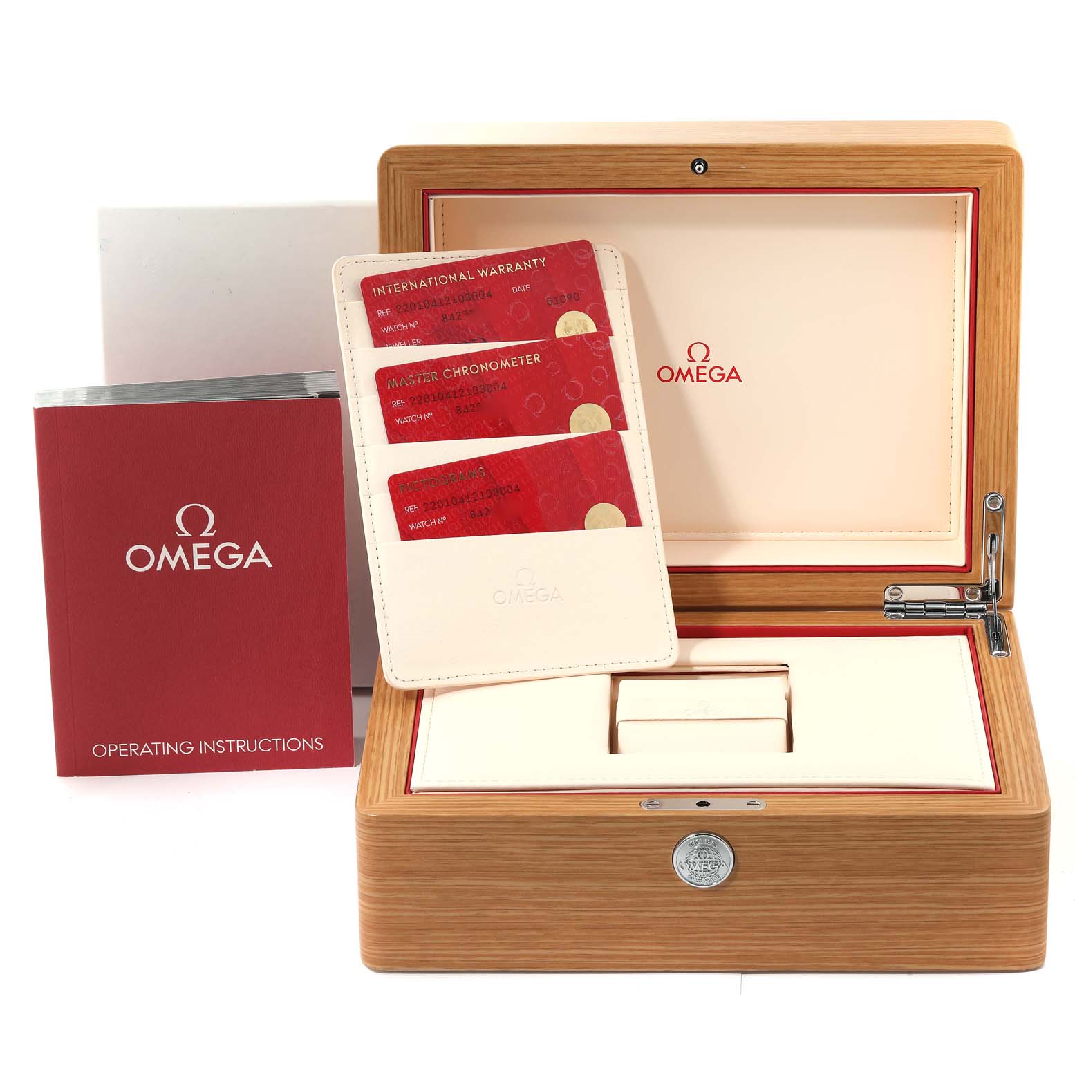 The image shows the packaging and accessories for an Omega Aqua Terra 220.10.41.21.03.004 Men
s Stainless Steel Blue Dial 220.10.41.21.03.004 Men
s Stainless Steel Blue Dial model, including a wooden box, warranty cards, and an operating manual.