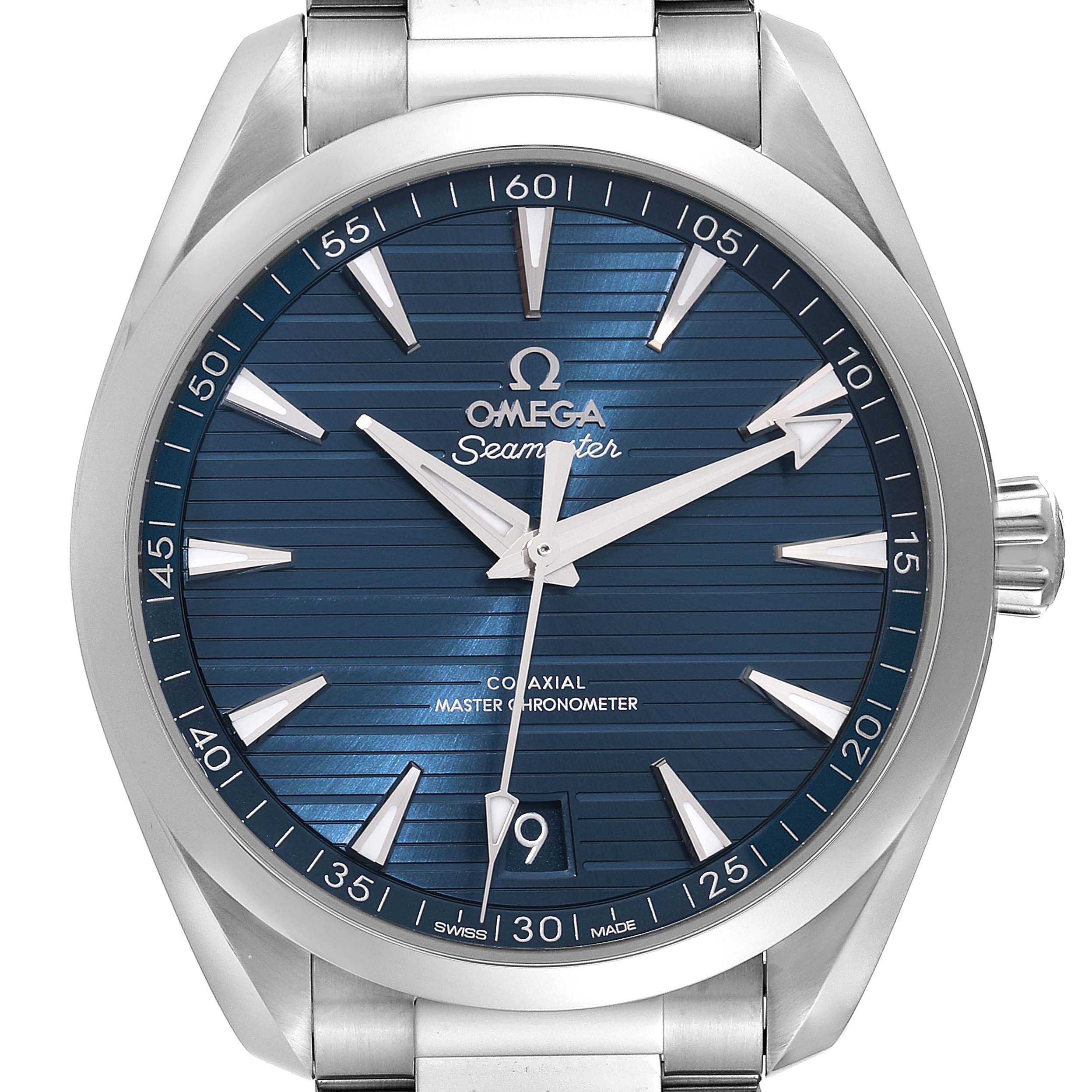 This image shows a front view of the Omega Aqua Terra 220.10.41.21.03.004 Men
s Stainless Steel Blue Dial 220.10.41.21.03.004 Men
s Stainless Steel Blue Dial watch, highlighting its blue dial, silver markers, and date display at 6 o
clock.