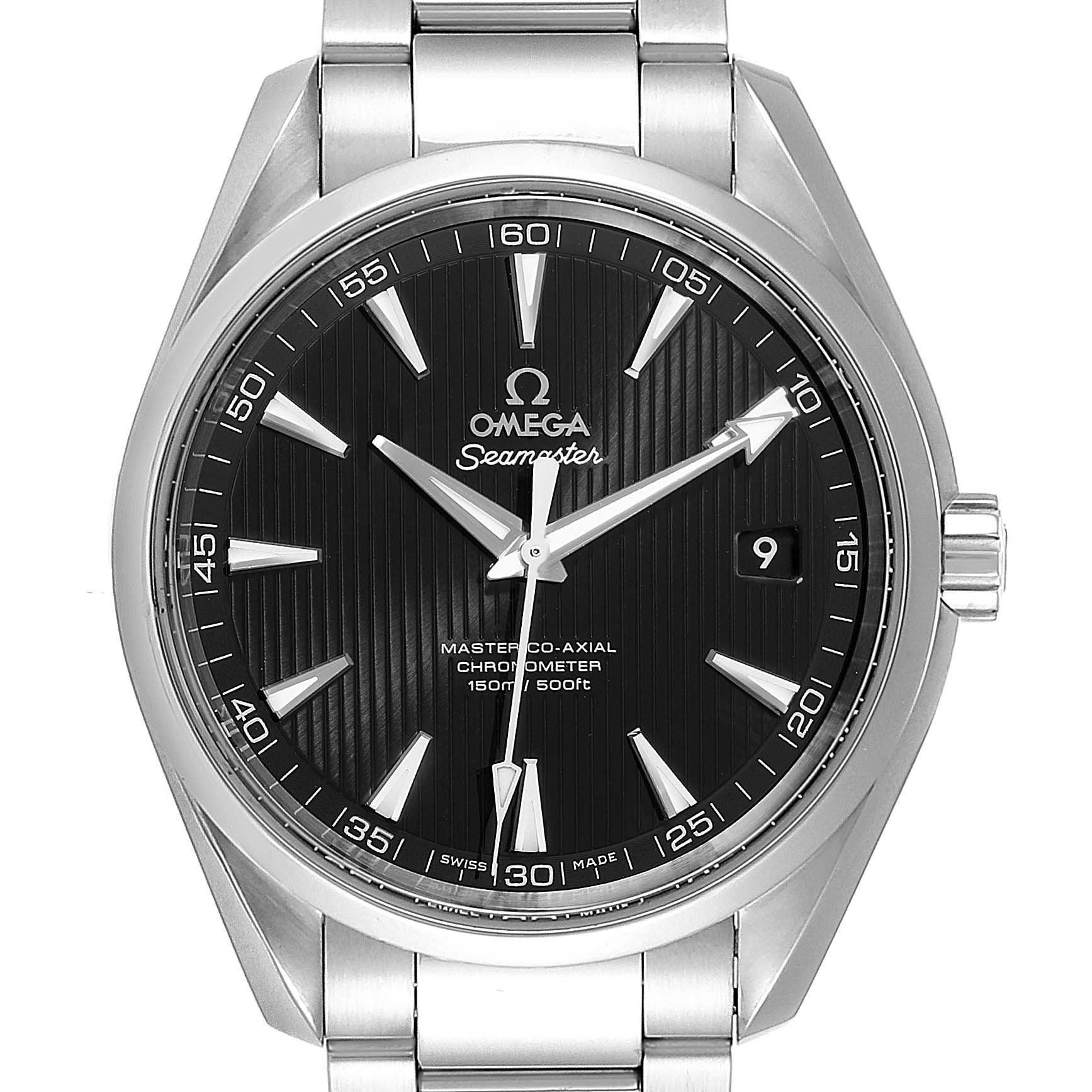 The image shows a front view of the Omega Aqua Terra 231.10.42.21.01.003 Men's Stainless Steel Black Dial 231.10.42.21.01.003 Men's Stainless Steel Black Dial watch, focusing on the dial, bezel, and metal bracelet.